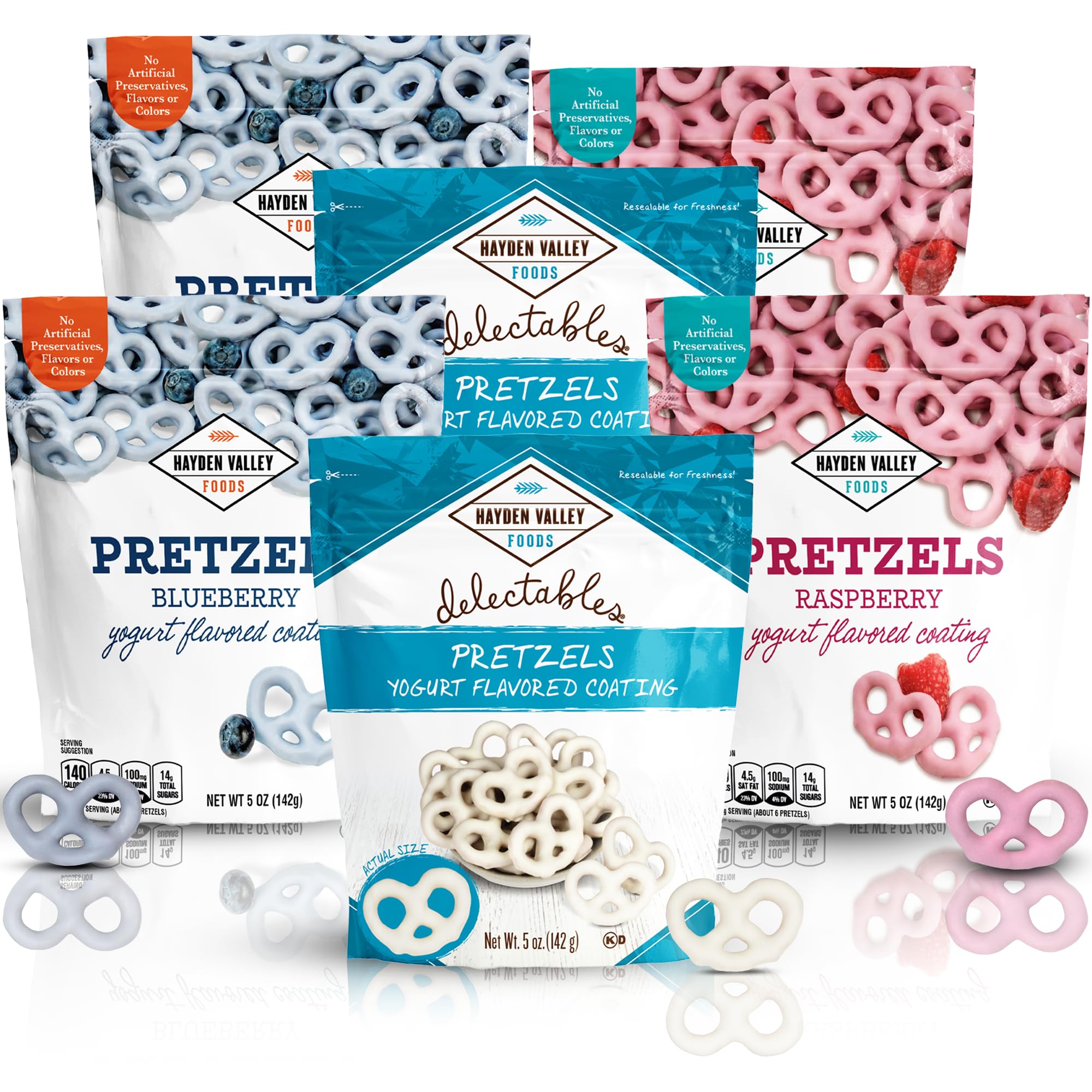 Hayden Valley Foods Yogurt Flavored Covered Pretzel Variety Pack | 5 oz Bags (Pack of 6) | Raspberry, Blueberry and Vanilla | Gourmet Naturally Flavored Pink, Blue and White Pretzels