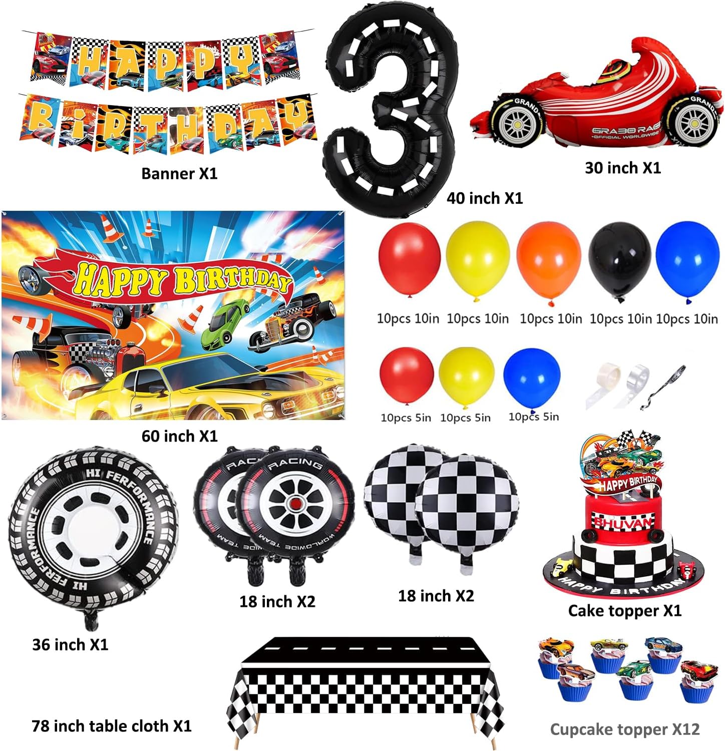 3rd Birthday Party Hot Race Cars Wheels Theme Birthday Party Decorations Set Including Backdrop,Banner,Balloon Garland Arch, Tablecloth, Cake Toppers