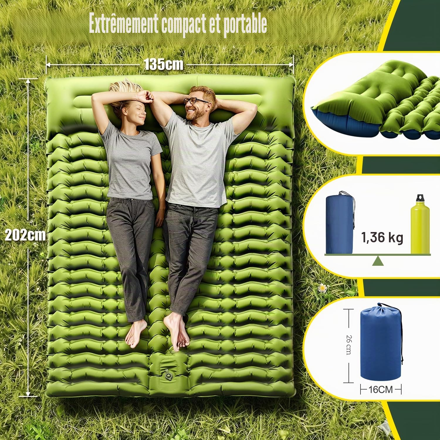 Yuzonc Matelas de Camping Auto-gonflant - Double épaisseur - Matelas de Camping Ultra léger - pour 2 Personnes - Gonflable avec Pompe à Pied et Coussin - pour l'extérieur, la randonnée, la Tente