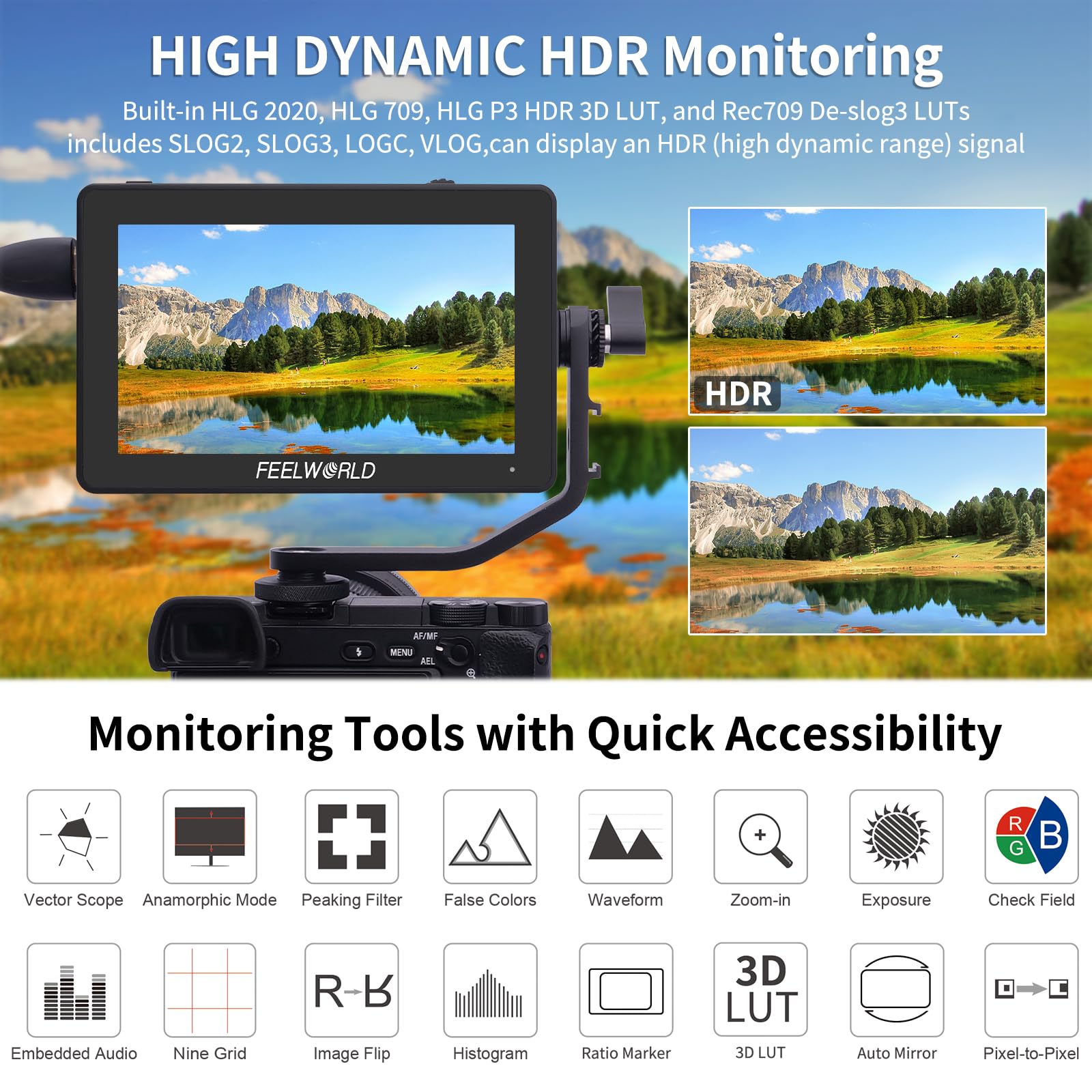 FEELWORLD F6 Plus V2 6 Pulgadas Monitor de Campo para cámara,HDR Touch Screen with 3D LUT,Captura de Pantalla Sharp,Full HD 1920x1080 IPS 4K HDMI Loop in/out DSLR,Batería y Funda de Almacenamiento