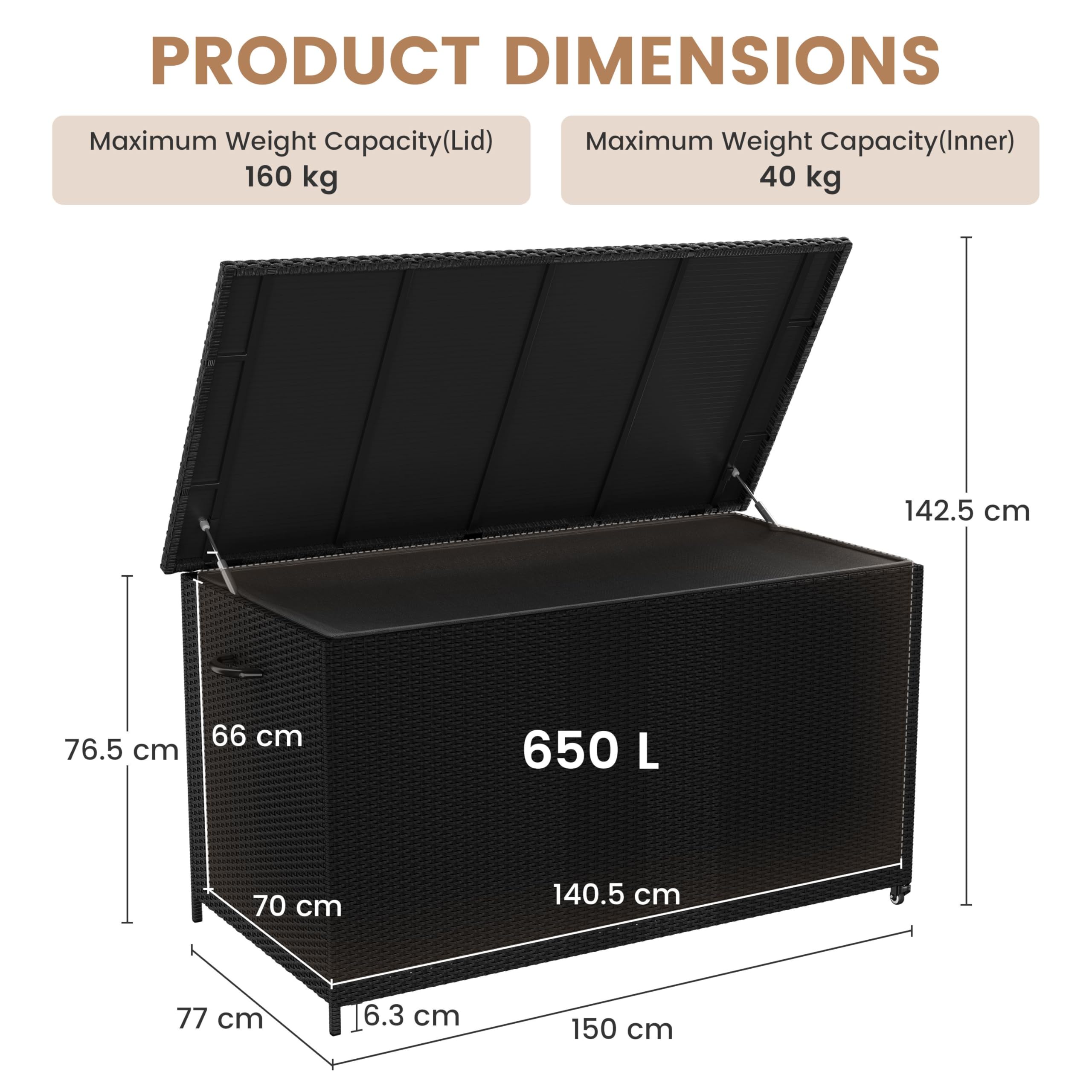 Yaheetech PE-Rattan Gartenbox Auflagenbox mit Rollen & Deckel, 650 L Großer Stauraum, Aufbewahrungsbox XXL Wetterfest inkl.Handgriffe für Garten, Terrasse und Balkon, 150×77×76,5 cm, Schwarz