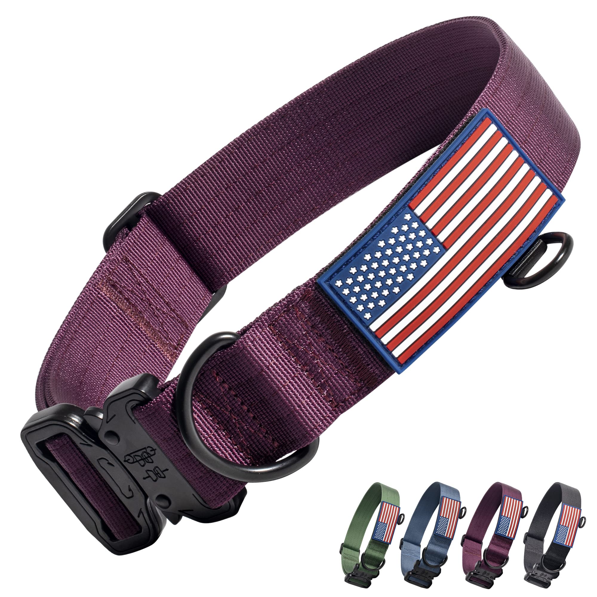Dog Collar for Large Dogs, Tactical Dog Collar with Metal Buckle, Thick Nylon Military Dog Collar, Adjustable Medium Large Dog Collar with Patch (Size 3 (14"-20"), Mulberry Purple 2)
