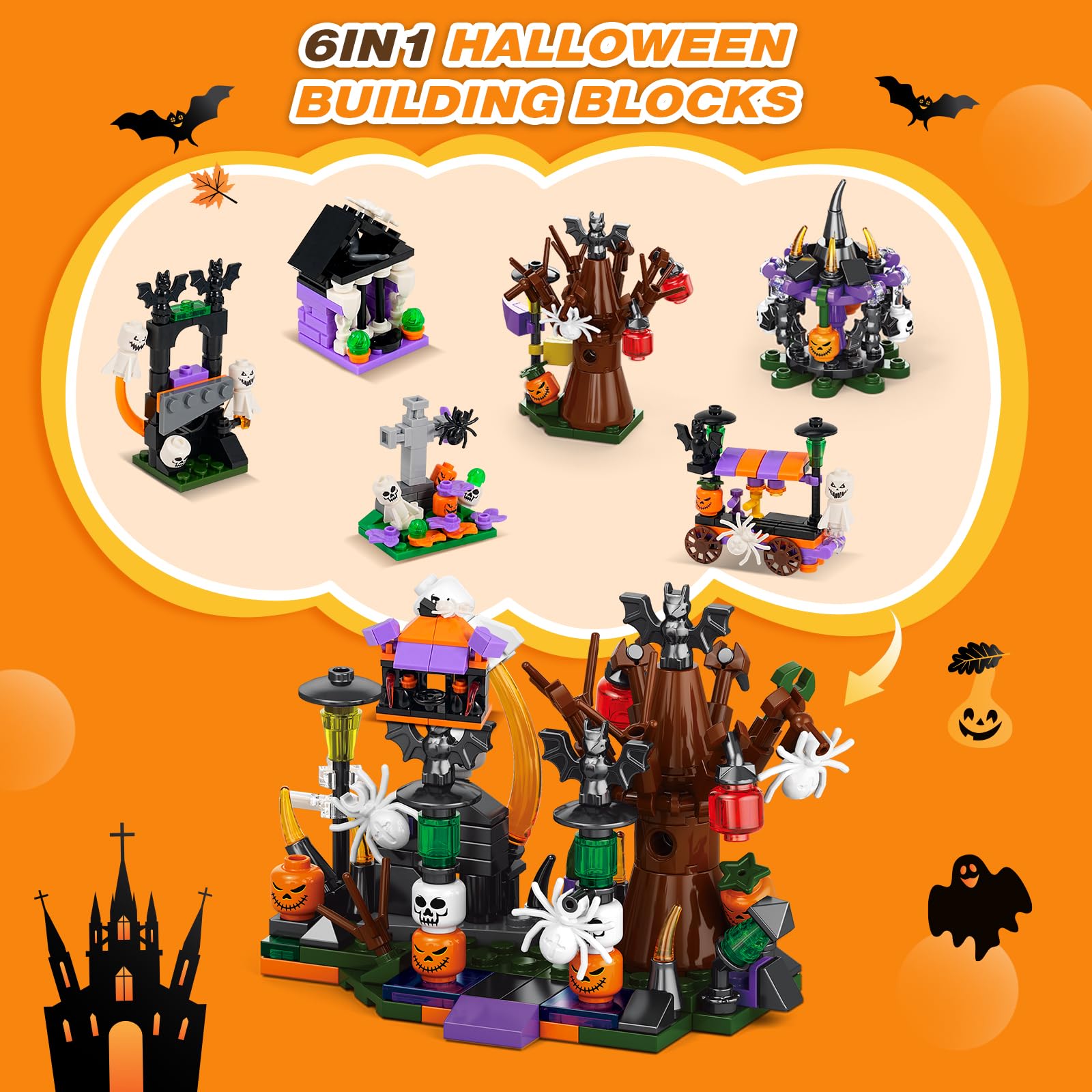 Calendario de Adviento de Halloween 2026 para niños y adultos, calendarios de cuenta regresiva de 31 días, casa encantada espeluznante, fantasmas, murciélagos y calabazas, bloque de construcción de