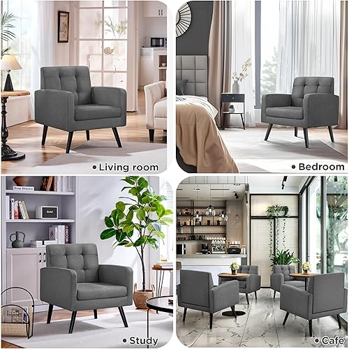 Miniatura 5 de Yaheetech Silla moderna para sala de estar, sillón de mediados de siglo con respaldo copetudo y patas de madera, silla vintage para dormitorio,