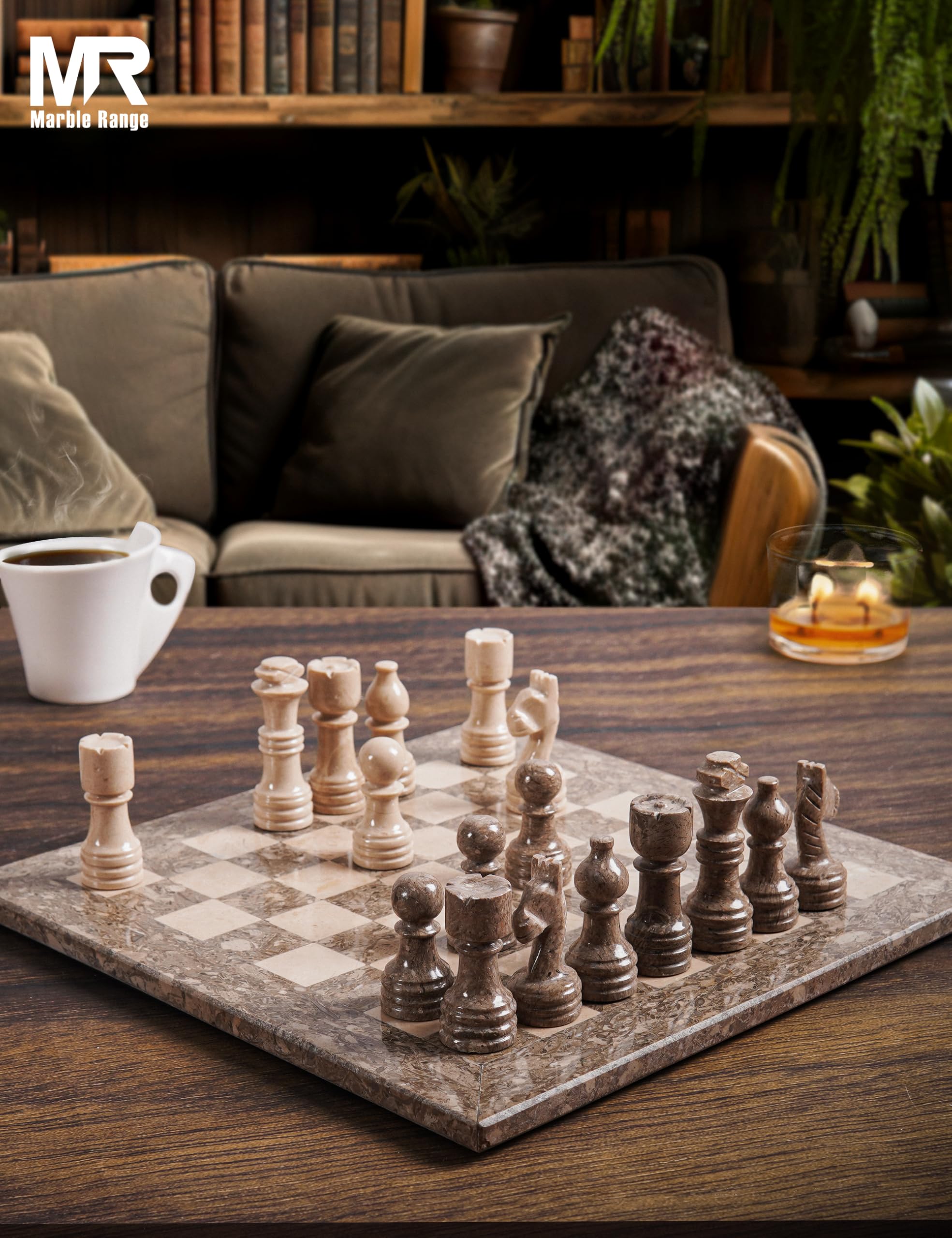 MARBLE RANGE Schachset aus Marmor, 30,5 cm, handgefertigte Modelle von Oceanic und Verona für Erwachsene, Marmor-Brettspiel für die ganze Familie mit Aufbewahrungsbox und 2 zusätzlichen Damen