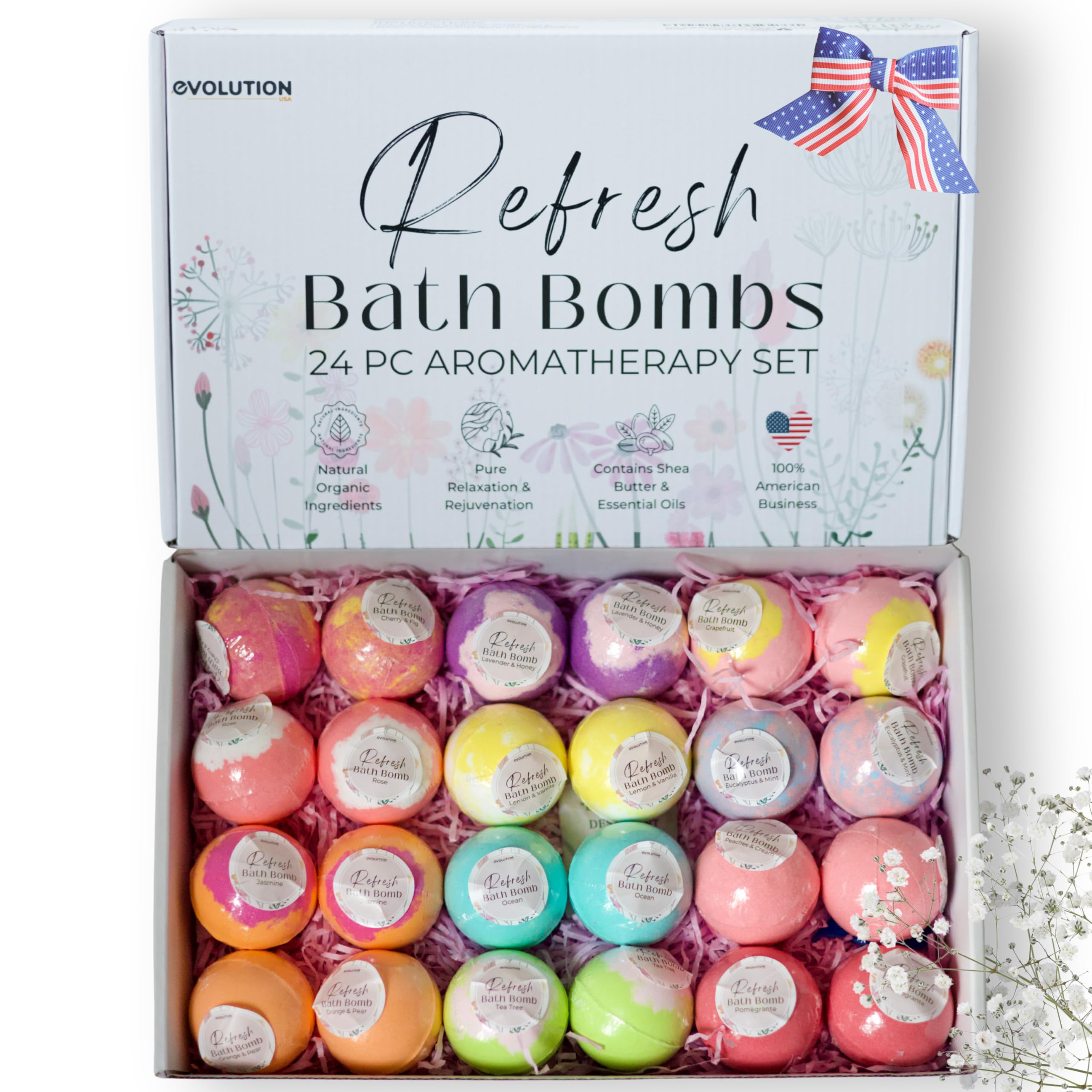 EvolutionUSA Refresh Bath Bombs for Women, 24 Lush Bath Bombs Mini Sized, Luxurious Womens Gift for Mother's Day, Easter, Birthday or Self Care, Luxurious & Relaxing Bathbombs, Womens Bath Balls