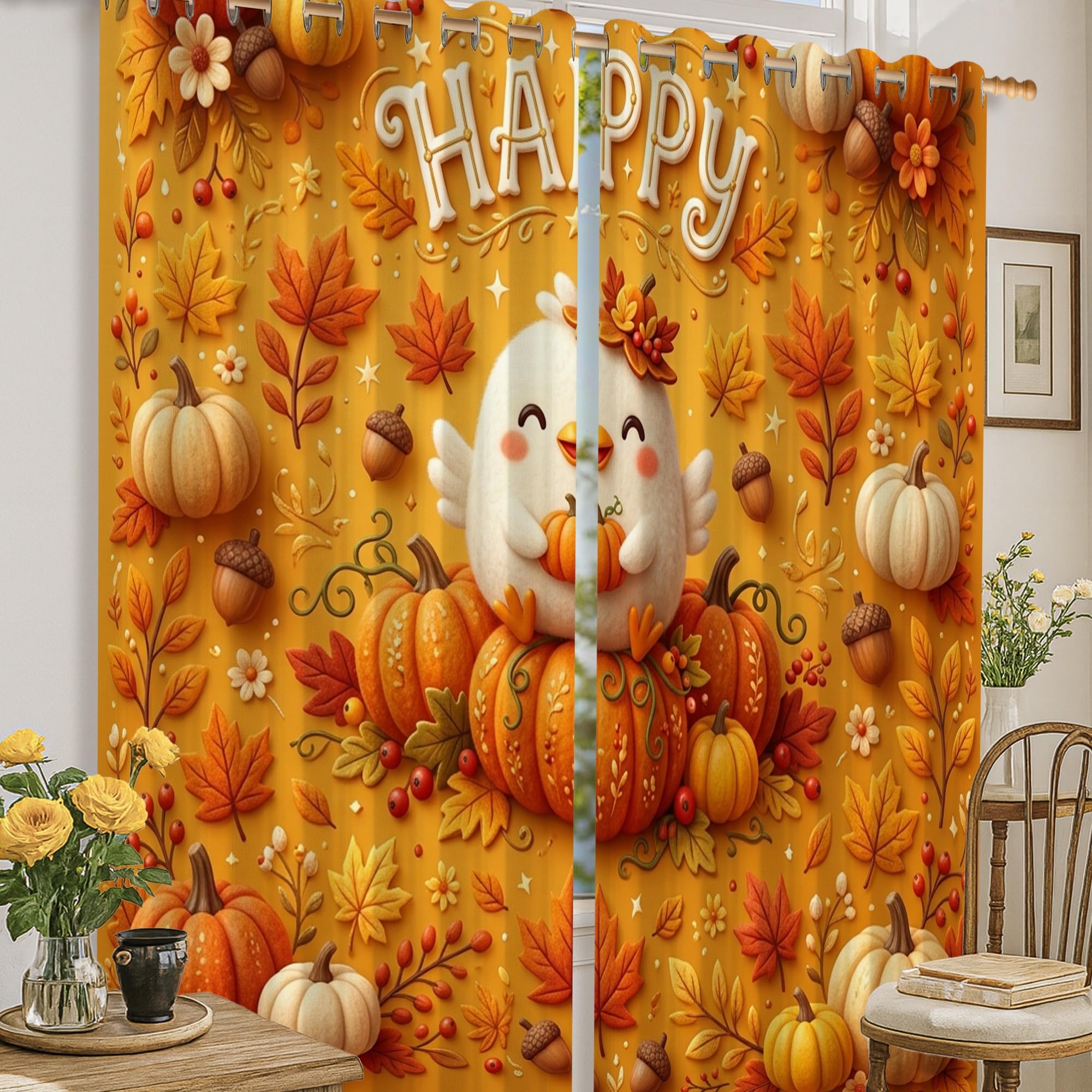 Rideaux occultants à isolation thermique orange 132x160cm motif feuilles d'automne