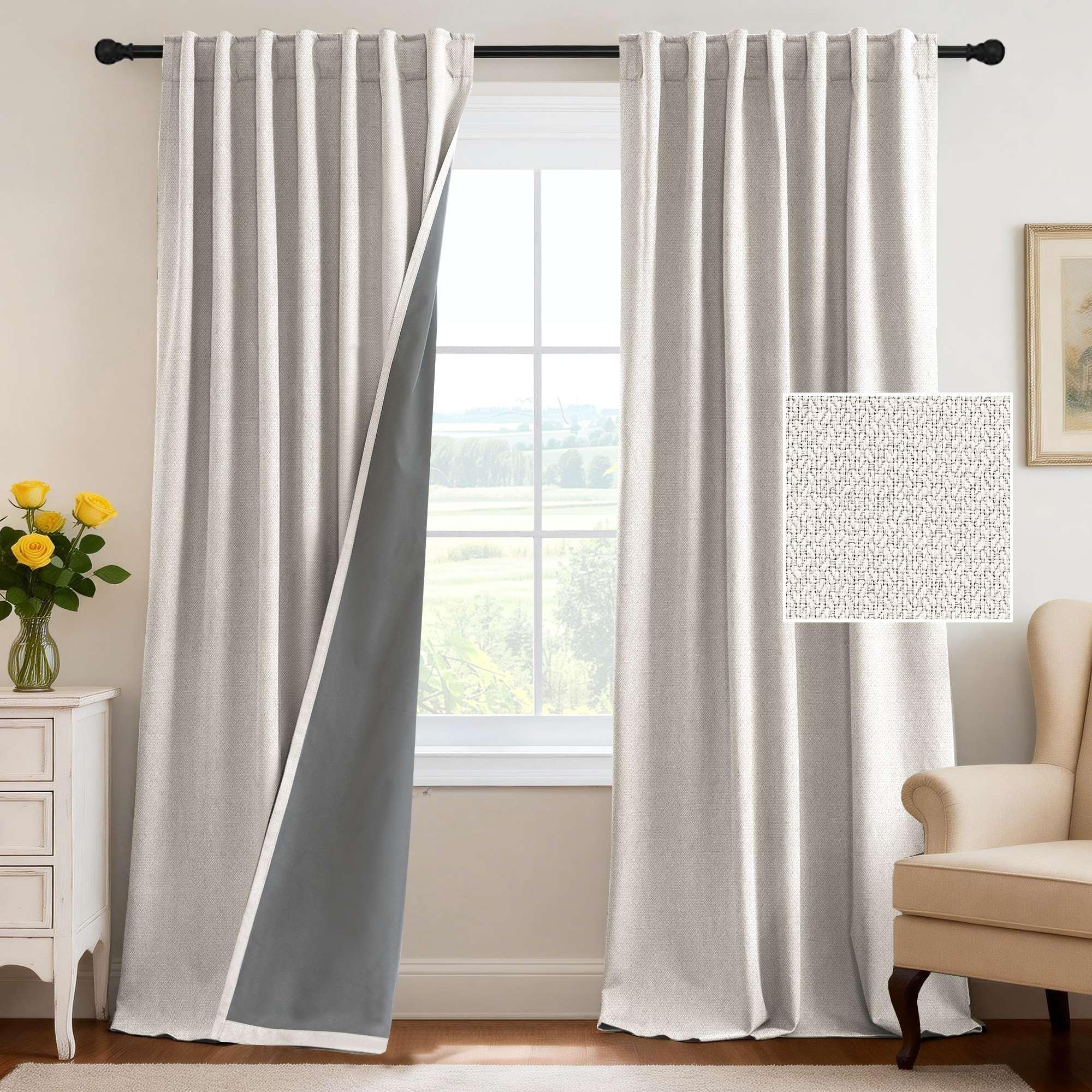 H.VERSAILTEX 100% Blackout Curtains Back Tab Full Light Blocking Curtain Draperies with Gray Coating Thermal Insulated Window Treatment Set of 2 Panels, 52" W x 84" L, Ivory