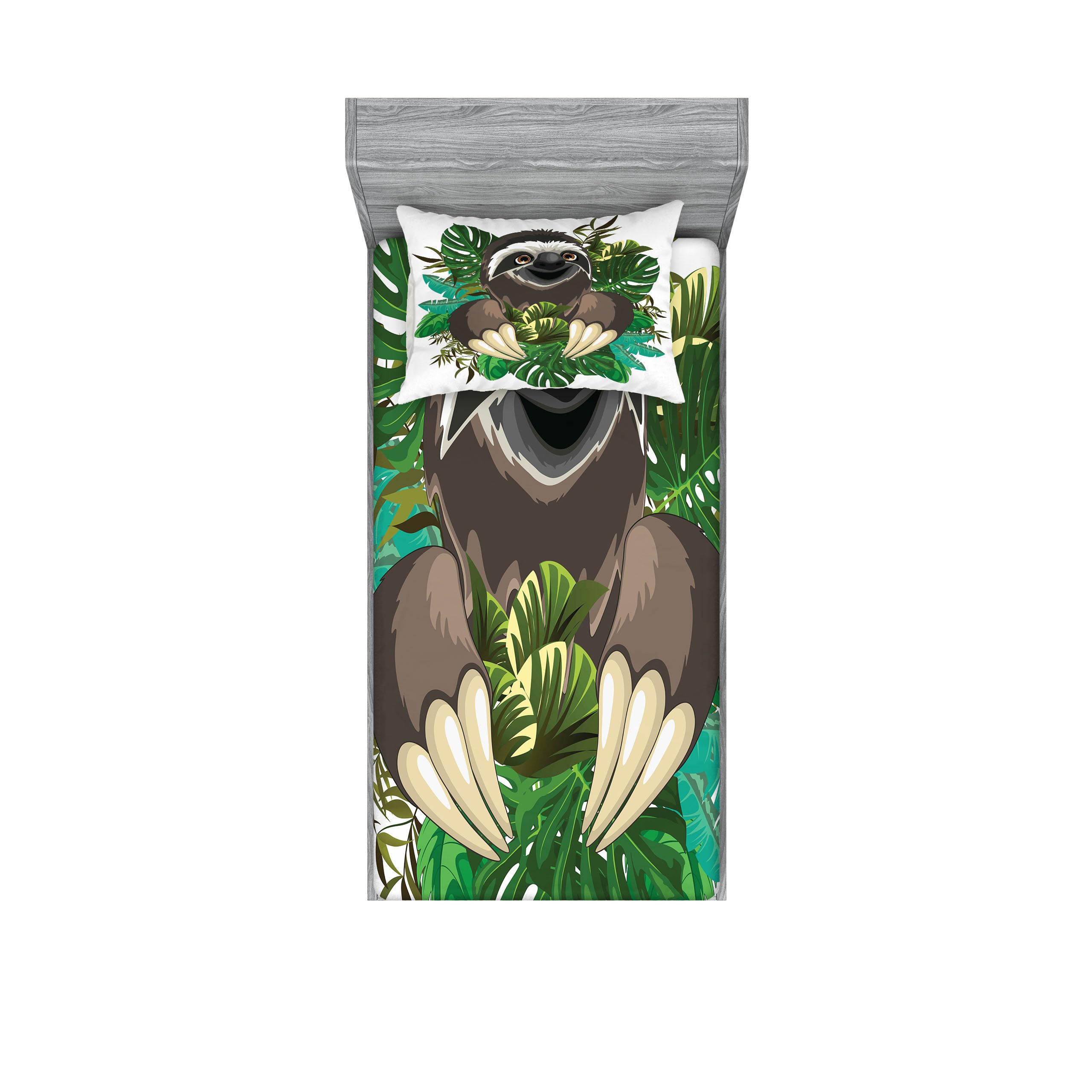 Ambesonne Sloth Fitted Sheet & Pillow Sham Set, Cartoon Mammal on Tropical Jungle Green Banana Leaves Character, Decorative Printed 2 Piece Bedding Decor Set, Twinxl, Chocolate Green Ivory