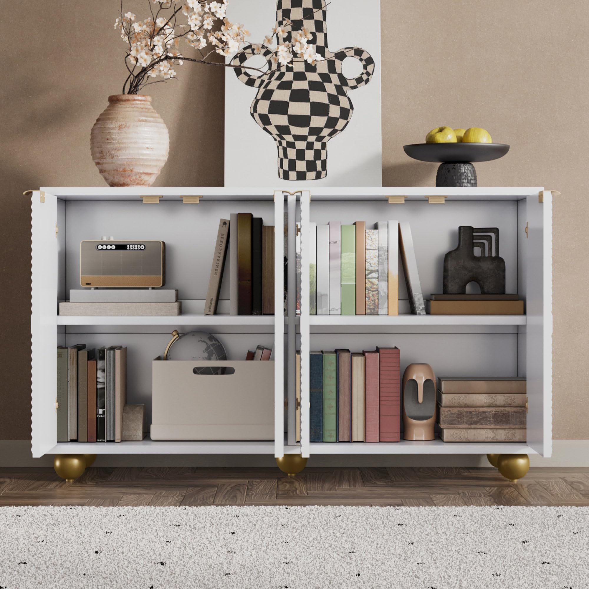 Credenza, Madia Soggiorno con 4 Ante dal Design Unico Scanalato, Ripiani Interni Regolabili, Maniglie in Metallo Dorato e Piedini Sferici, Mobile Cucina,Moderno Armadietto Multifunzionale,Nera/Bianco