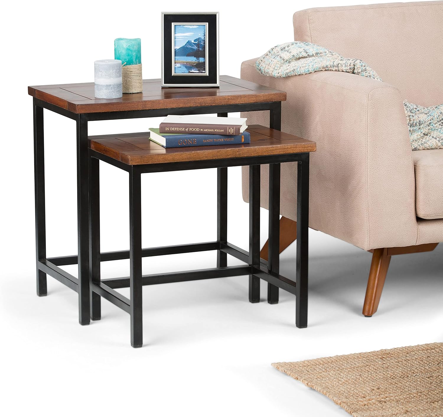 Best Promo SIMPLIHOME Skyler SOLID MANGO WOOD and Metal 25 inch wide Rectangle Modern Industrial Nesting 2 Pc Side Table in Dark Cognac Brown, Fully Assembled, for the Living Room and Bedroom