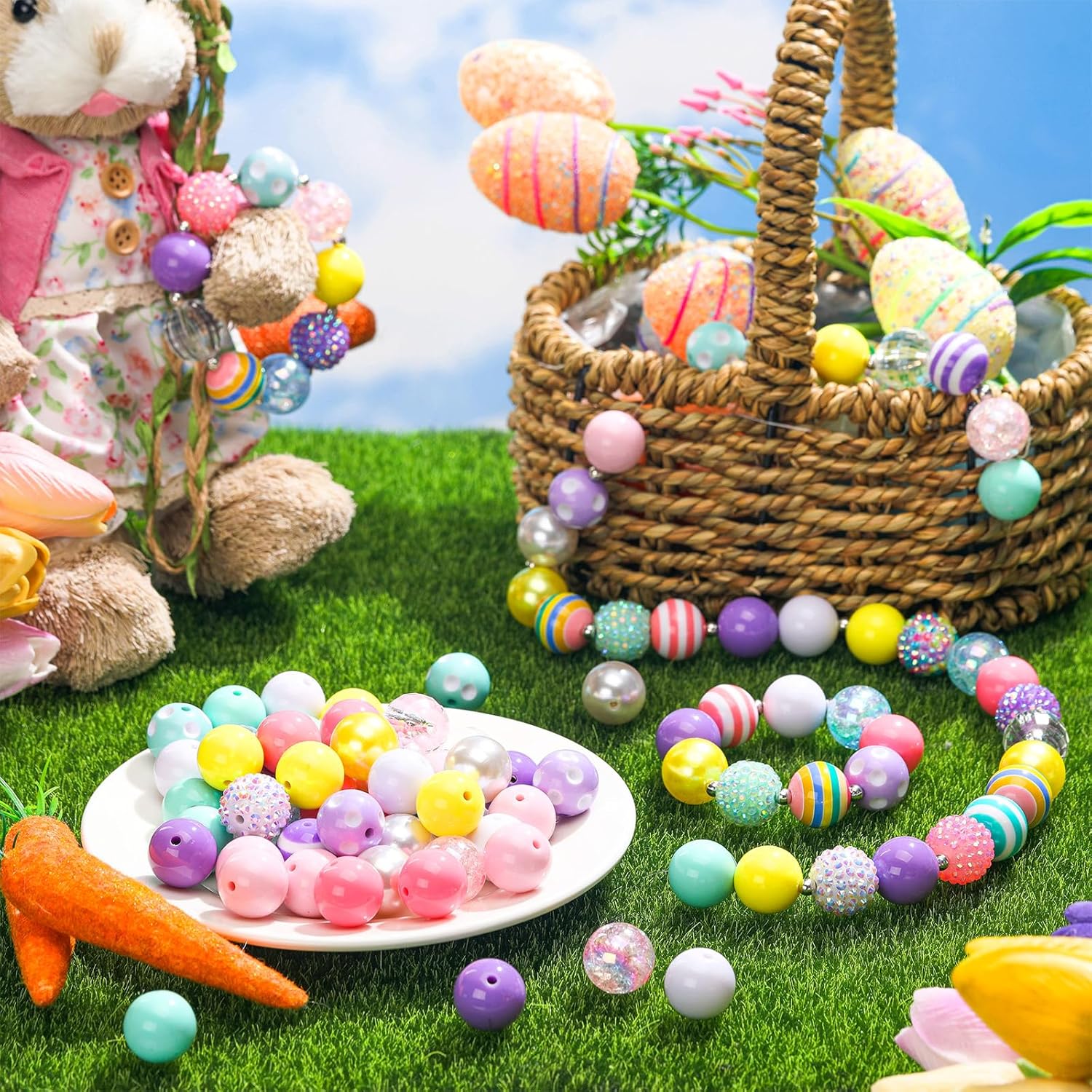 Poen 100 Pcs 20 mm Easter Rhinestone Bubblegum Beads for Pens Bulk Mixed Crystal Resin Chunky Beads for DIY Craft Keychain Necklace Bracelet Jewelry Making Decor for Holiday - Image 5