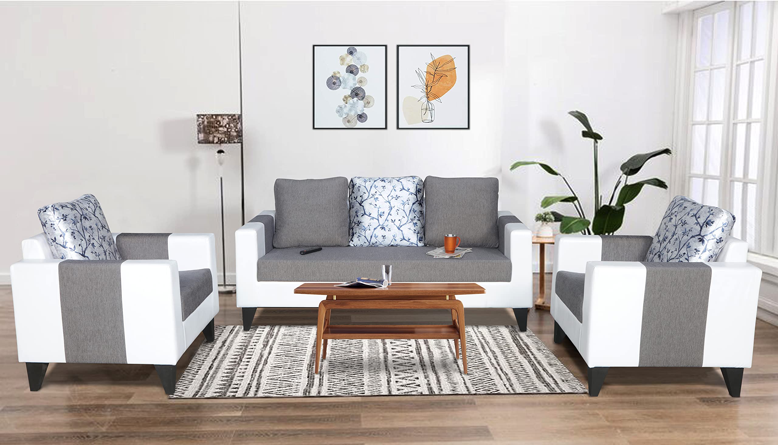 Adorn India Ashley Digitel Print Leatherette 3-1-1 Five Seater Sofa Set (Grey & White)