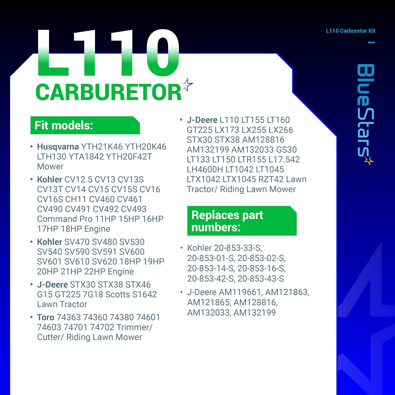 BlueStars L110 CV15S Carburetor Kit - For John Deere L110 LT160 LT155 Lawn Mower with 15hp 17.5hp Kohler CV15 CV460 SV600 CV16S SV540 SV530 SV590 Husqvarna YTH21K46 YTH20K46 LTH130 YTA1842 YTH20F42T