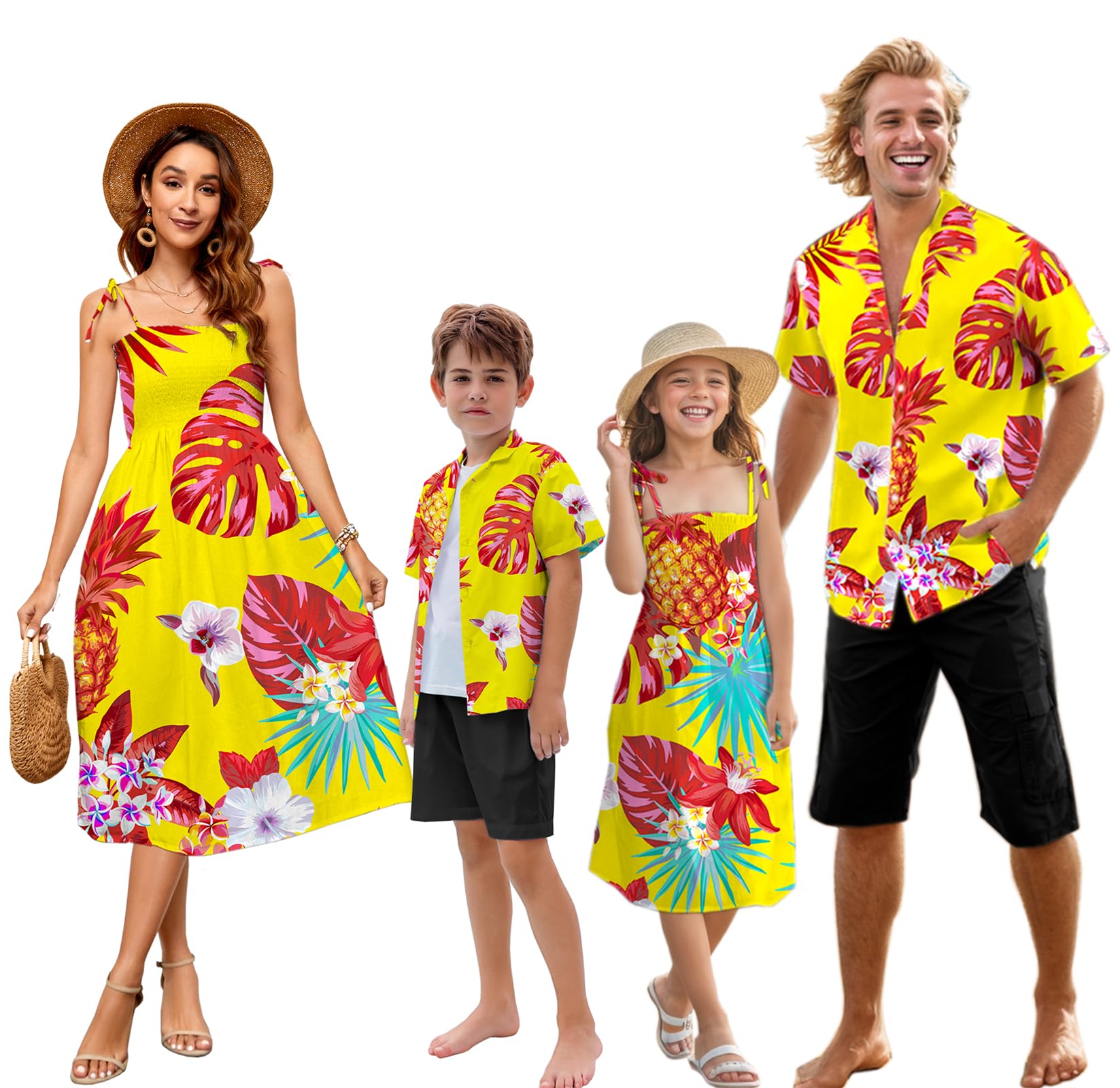 Family Matching Hawaiian Outfits, Dad and Son Beach Vacation Shirts Mommy Daughter Dress, 2T - X-Large