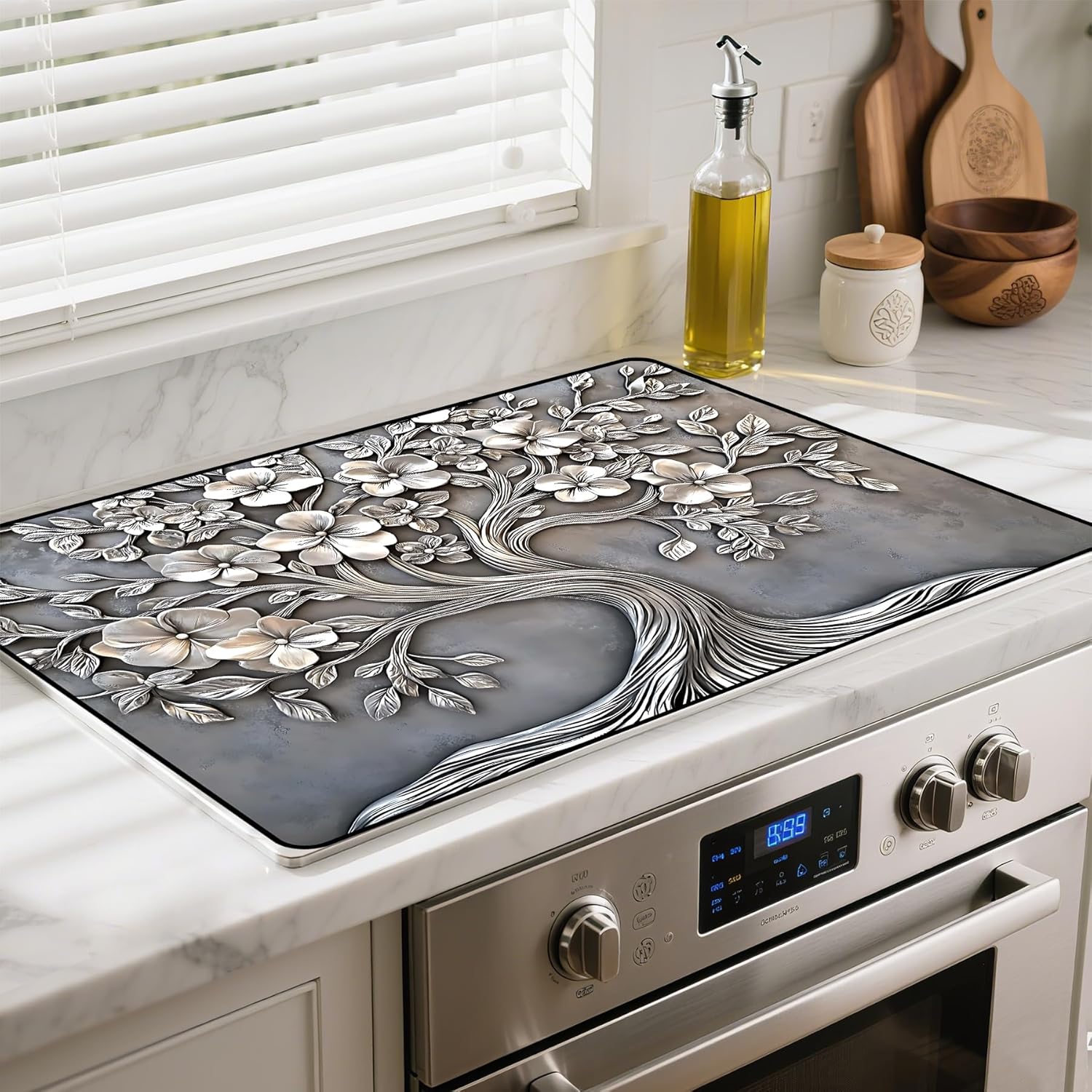 Heat-Resistant Glass Stove Top Cover with Anti-Slip Rubber Coating – Electric Stove Protector, Scratch-Resistant, Expands Counter Space, Stylish Kitchen Decor (Tree, 30" x 21")