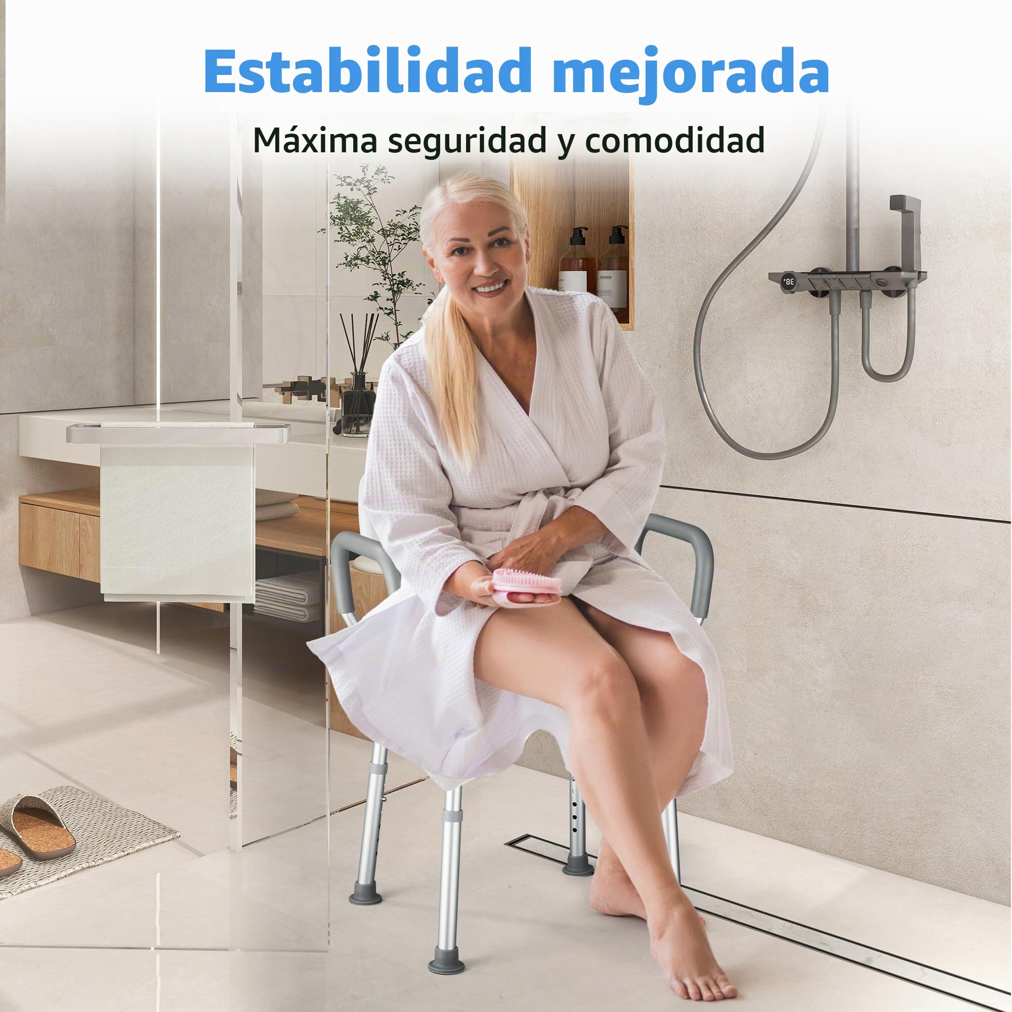 Silla Ducha Personas Mayores con Respaldo y Reposabrazos Taburete de Baño Antideslizante con Altura Ajustable de 6 Niveles Asiento de Ducha Regulable para Ancianos y Discapacitados