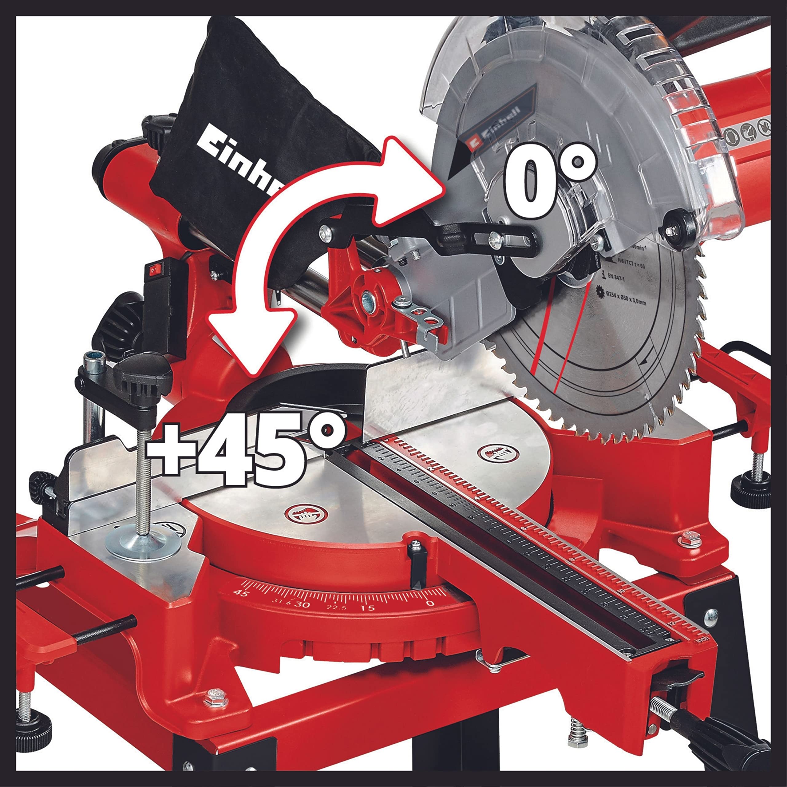 Einhell Ingletadora, 1900 W, 4.800 rpm, cabezal de sierra basculante, incluida la hoja de sierra HM, Color Rojo