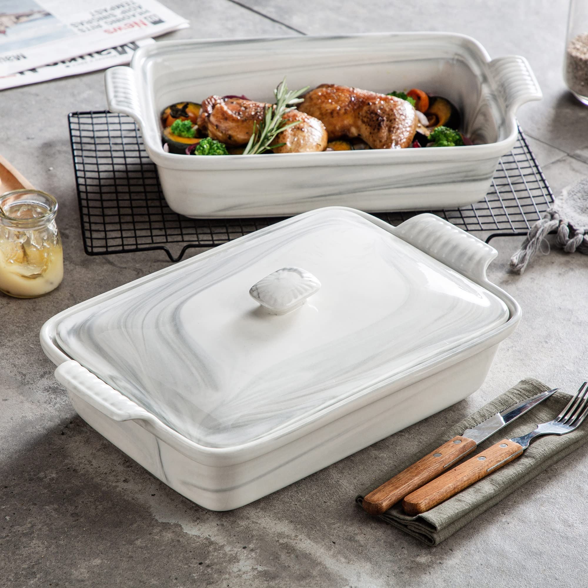 Kochen Backblech Rechteckige Backpfanne Marmor Grau Backformen mit Deckel Haushaltsschale Teller Form-Schwere Tauchteigform Souffle-Form Küche Herdbackblech