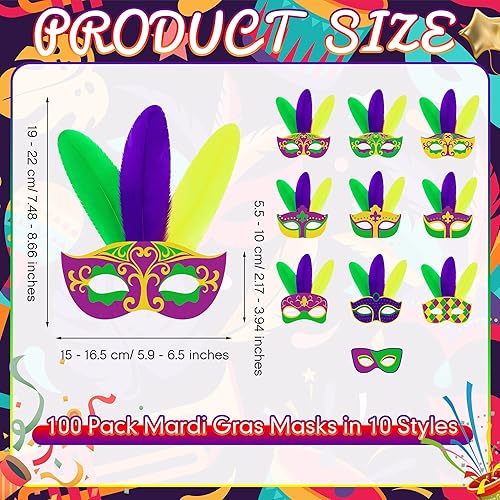 Miniatura 2 de 100 máscaras de Mardi Gras a granel para carnaval, desfile de carnaval, máscara de fieltro morada para fiesta de máscaras con plumas para hombres,