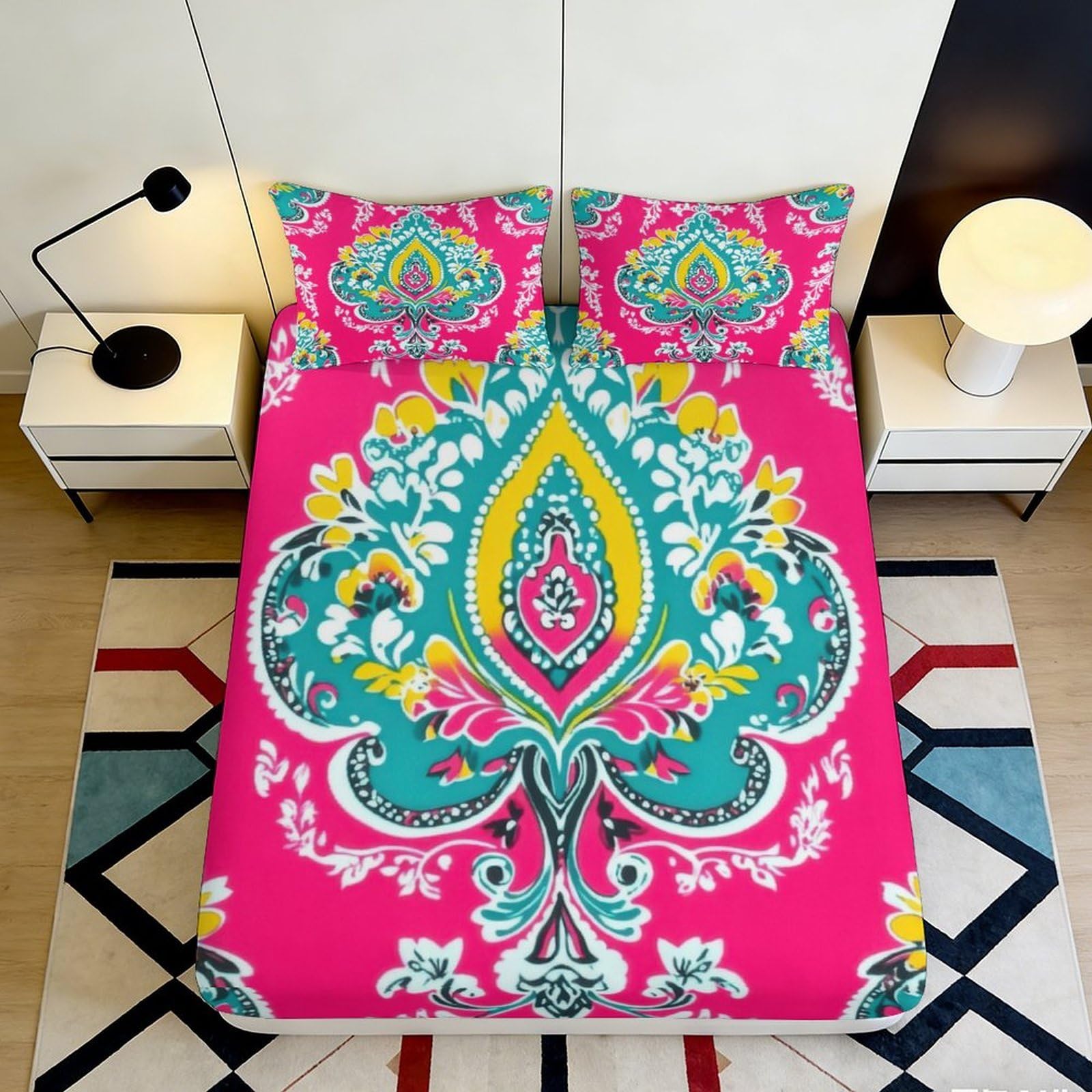 3D Printed Boho Mandala Fitted Sheet Microfiber Soft Pink Floral Paisley Bed Cover for Bedroom Guest Room Decor 90x200x25cm