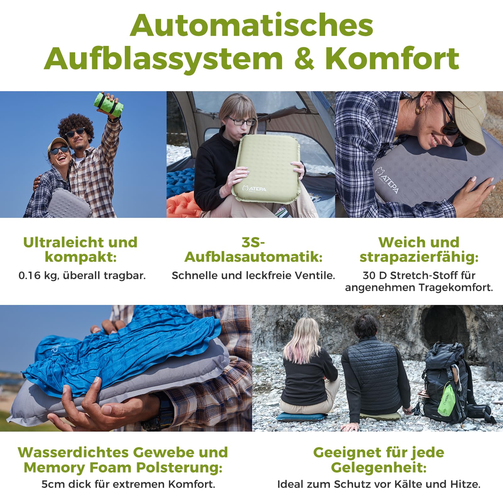 ATEPA Sitzkissen Outdoor, Faltbar Aufblasbar Stadion Flugzeug Camping Wander Bürostuhl Ultraleicht Selbstaufblasend, Grau