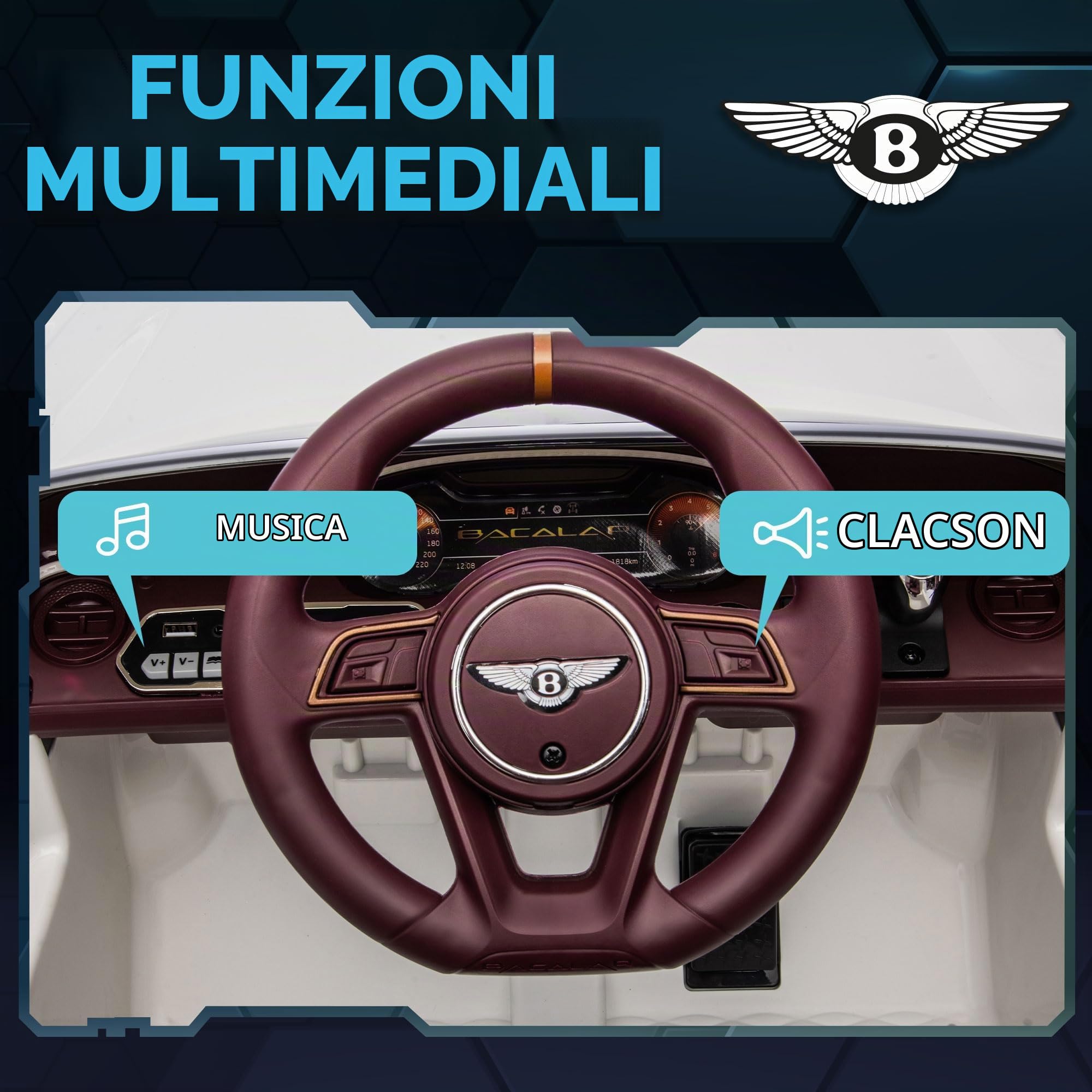 HOMCOM Auto elettrica per bambini 3-5 anni 2 motori 12V 25W Bianco | 3-5 km/h, telecomando 2.4G, MP3, clacson, 2 fari anteriori e 2 posteriori, ruote sospese, 2 porte apribili, Bentley Bacalar