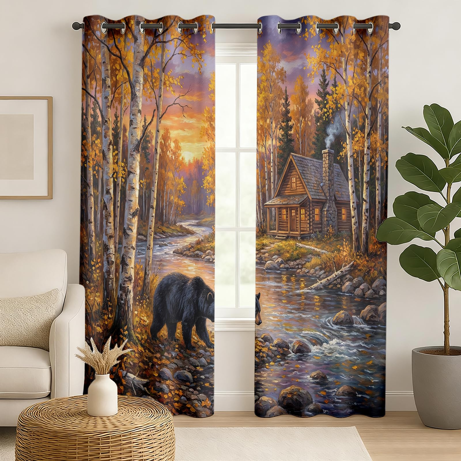 Vorhänge Herbstwald Landschaft mit Schwarzbär & Hütte, Romantischer Sonnenuntergang am Fluss, Ölgemälde Stil Gardine, Verdunkelung Ösenschal Polyester