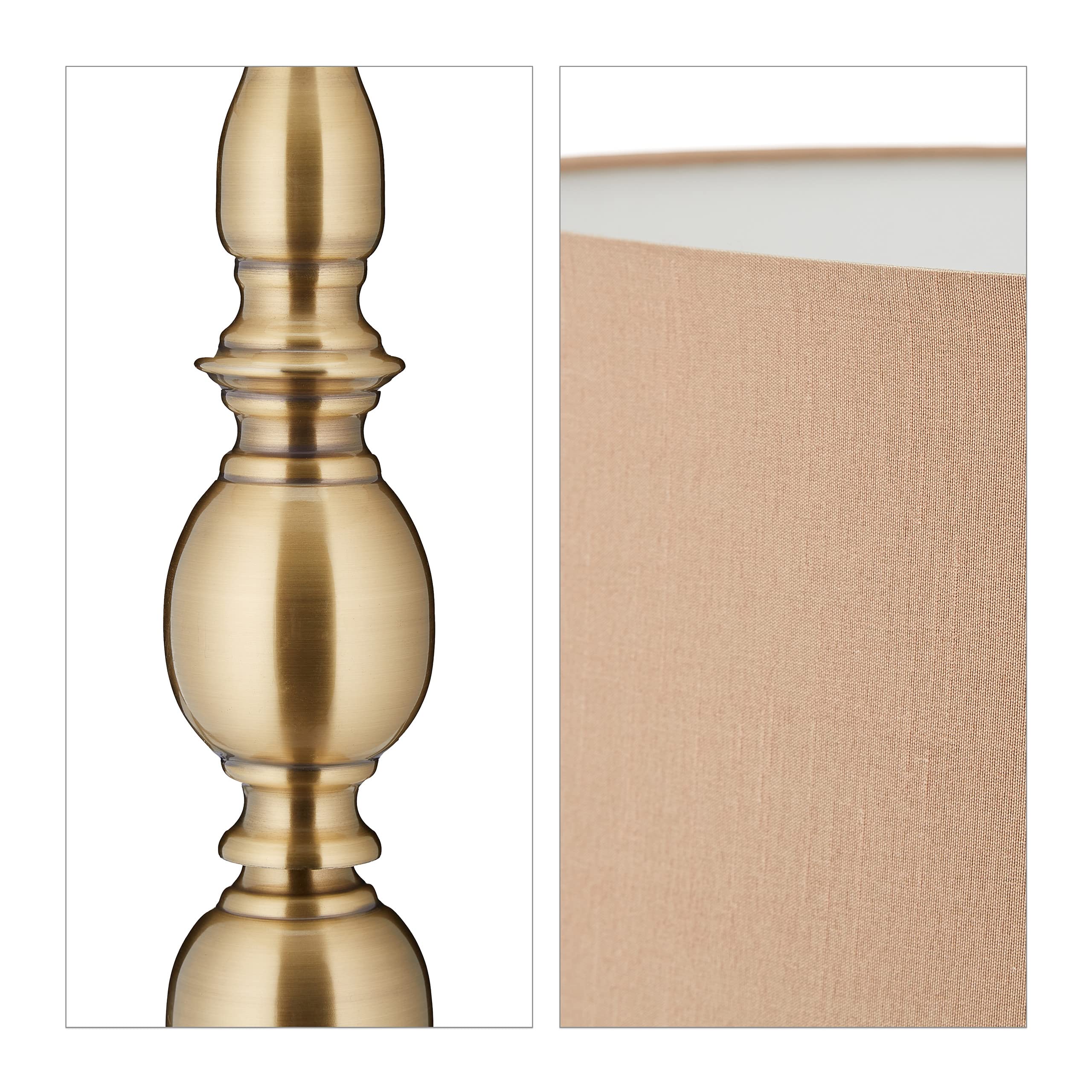 Relaxdays Stehlampe Wohnzimmer, E27, mit Kabel, Stoff Lampenschirm Ø 43 cm, Vintage Stehleuchte 156 cm hoch, beige-gold