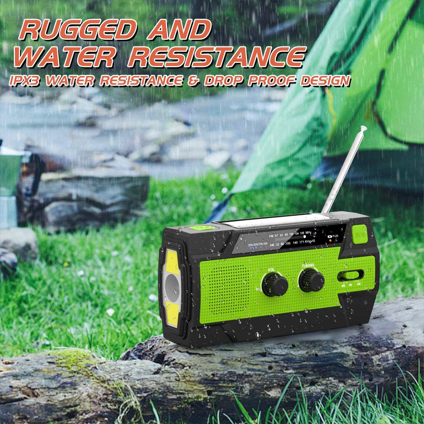 Cunsieun Draagbare radio op zonne-energie, 2000 mAh, oplaadbare handslinger-radio, met led