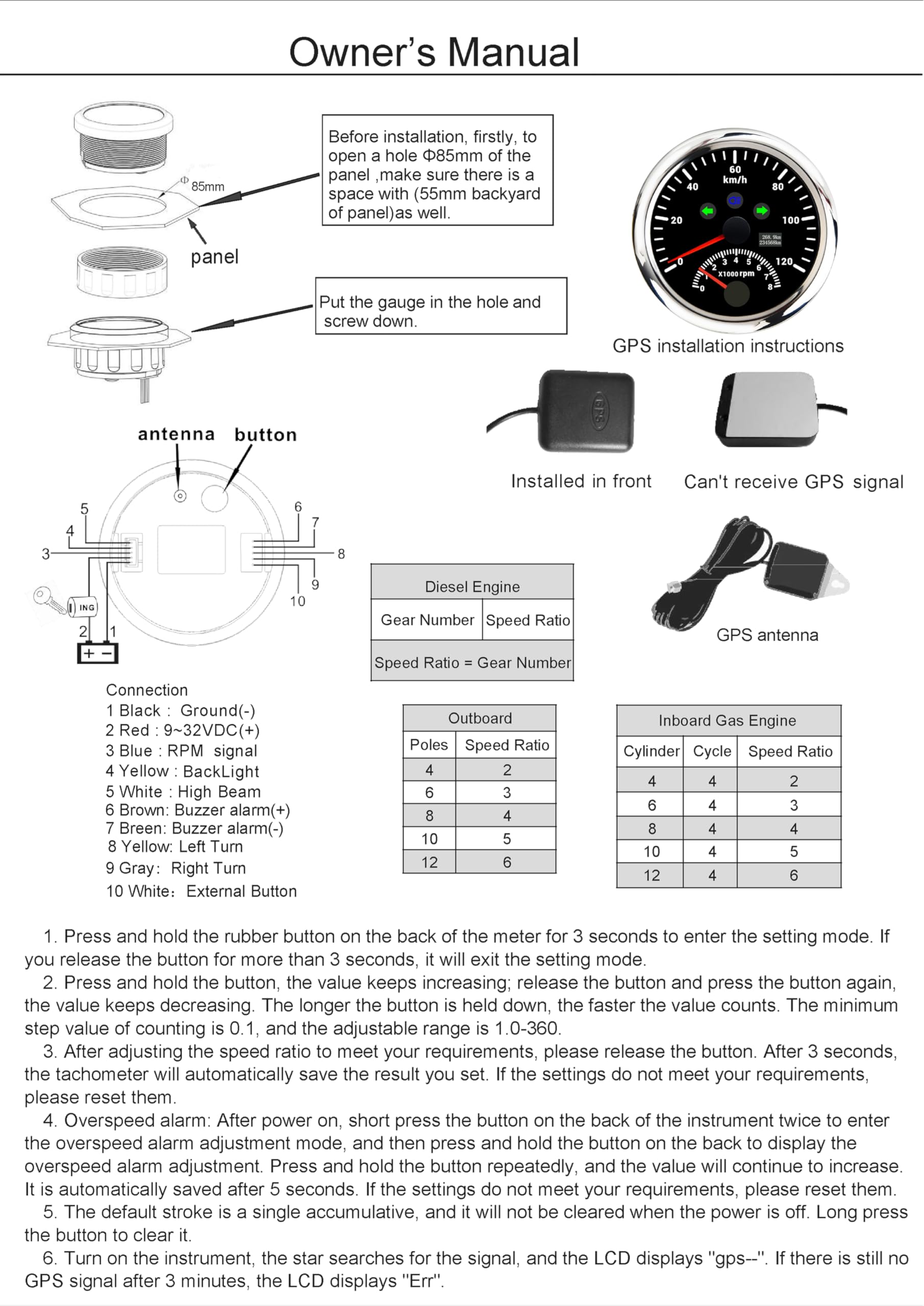 ELING Compteur de vitesse GPS 2 en 1 de 85 mm 200 km/h compteur kilométrique avec tachymètre compte-tours du moteur avec niveau de carburant multifonction 4 en 1 pression d'huile