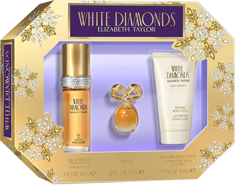 Elizabeth Taylor Elizabeth Taylor White Diamonds Women's Fragrance 3 Piece Gift Set, 1.0 Fl. Oz. Eau De Toilette, 3 Count | Set includes White Diamonds EDT 1.0 fl oz, body lotion, and body wash. 3-piece women's fragrance gift set.