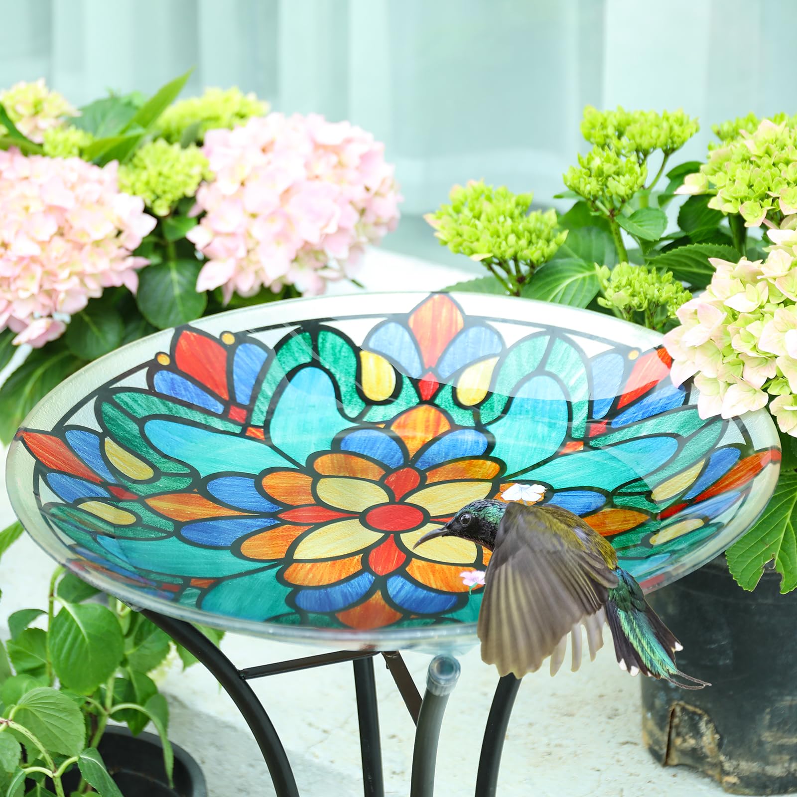 MUMTOP Vogeltränke, Vogeltränke für den Außenbereich – große Vogeltränke aus Glas mit Metallständer, symmetrische Muster, Vogelfutterspender für draußen und Garten, Terrasse, Rasendekoration