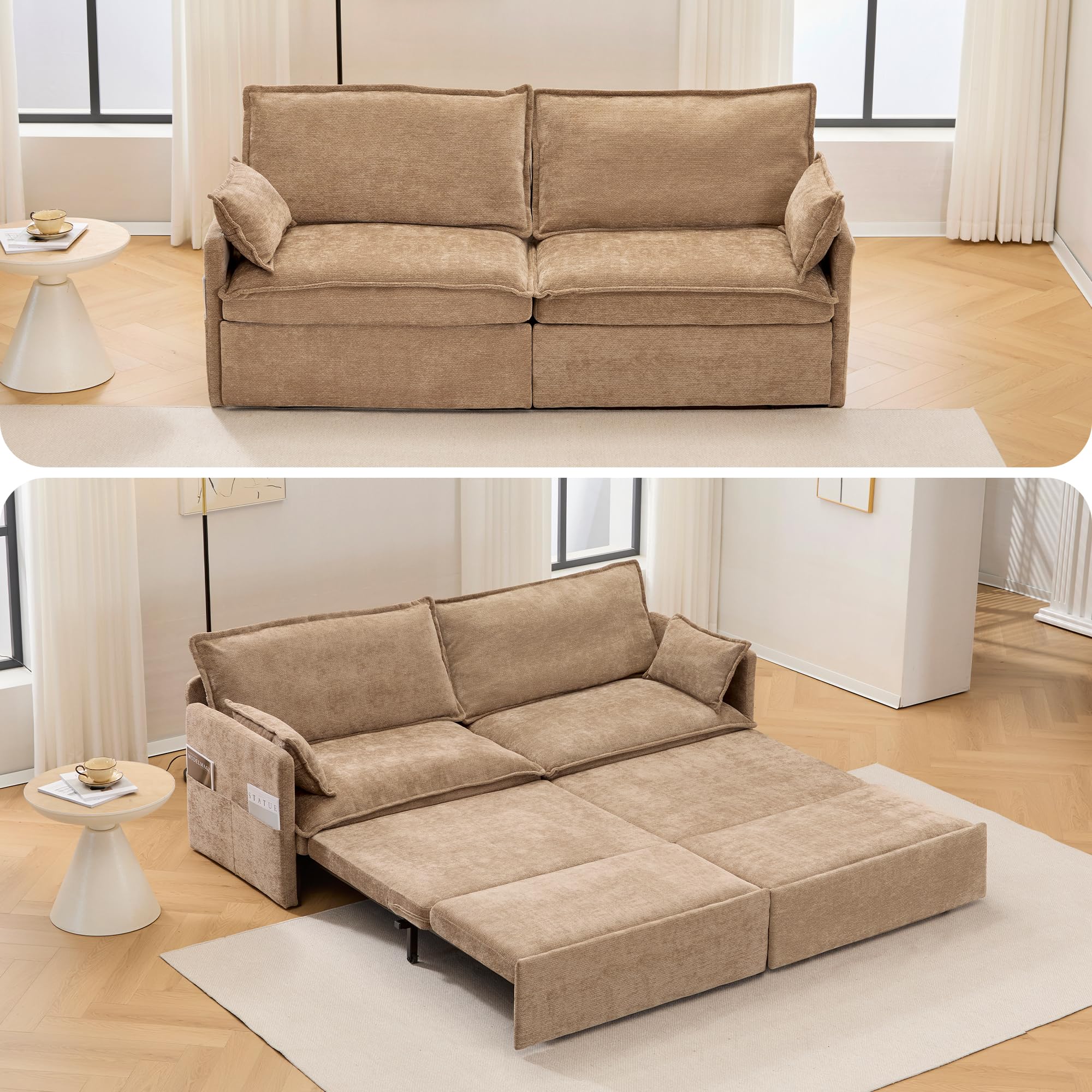 ( incomplete) 73.6inch 3 in 1 pull out sofa bed,sofa bed for small spaces,chenille convertible sleeper sofa couch,side storage,and usb/c-type charging ports chair for bedroom,apartment,loveseat (khaki, 73.6)