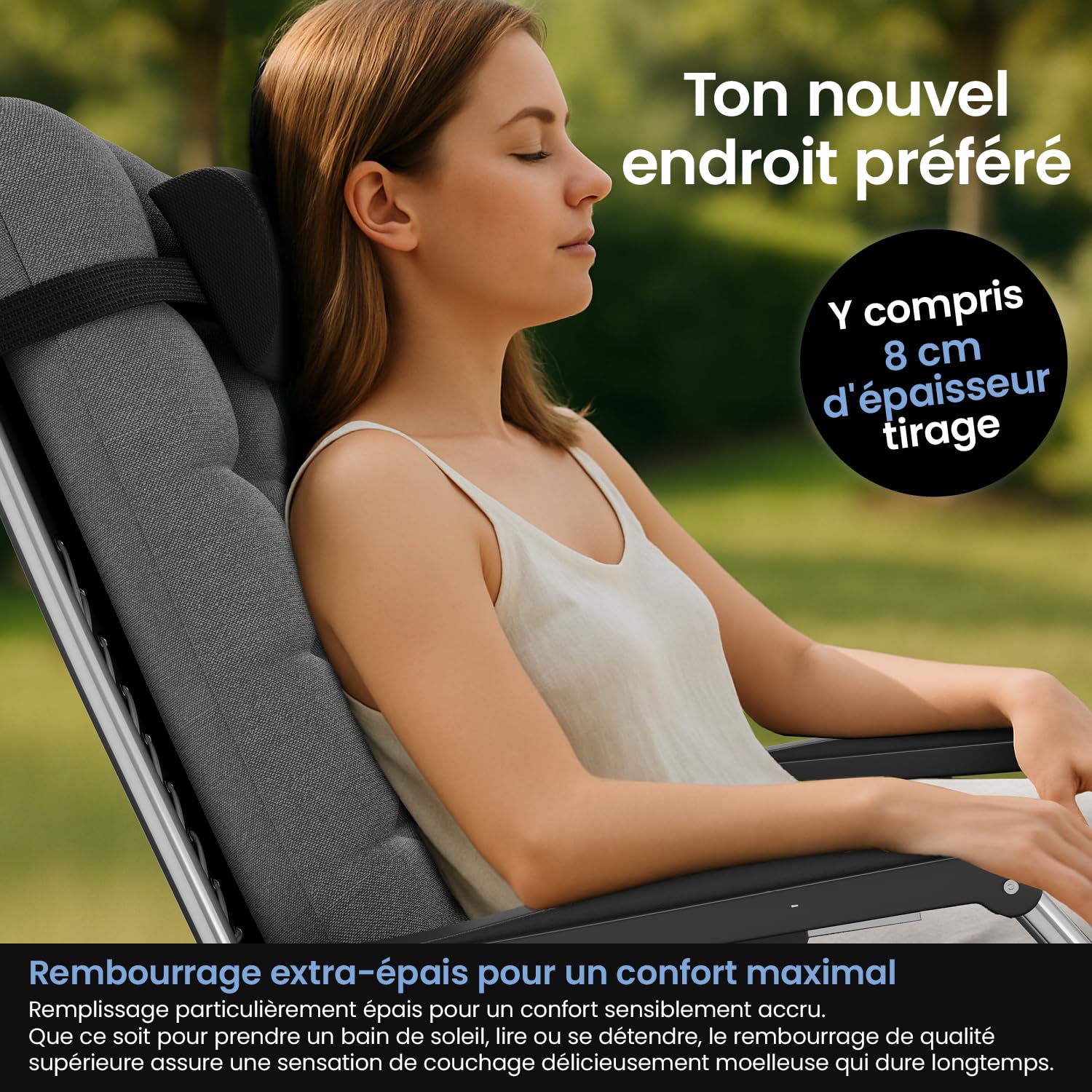 ELONEO Chaise longue pliante avec coussin premium, transat de jardin résistant aux intempéries, capacité de charge 200 kg, fauteuil de jardin avec dossier réglable, coussin appui-tête et porte-gobelet