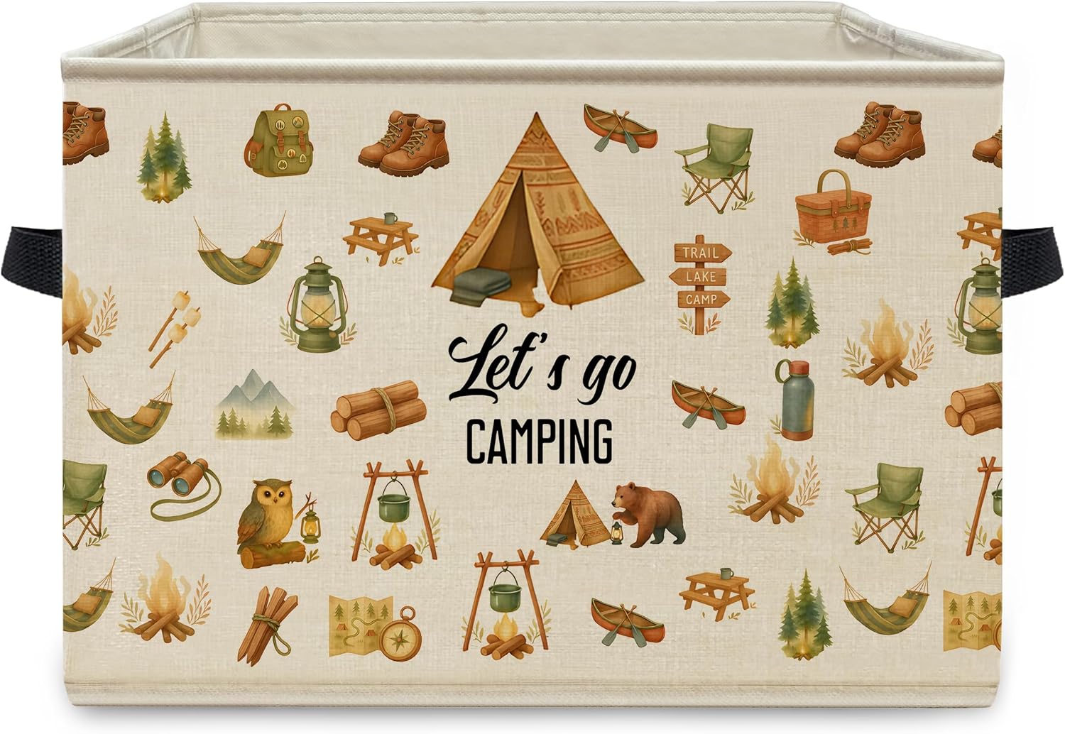 Rustic Camping Camper Foldable Storage Bins Box with Handles, Let's Go Camping Forest Adventure Collapsible Organizer Basket for Camper RV Trailer Cabin Home Bedroom Clothes Books