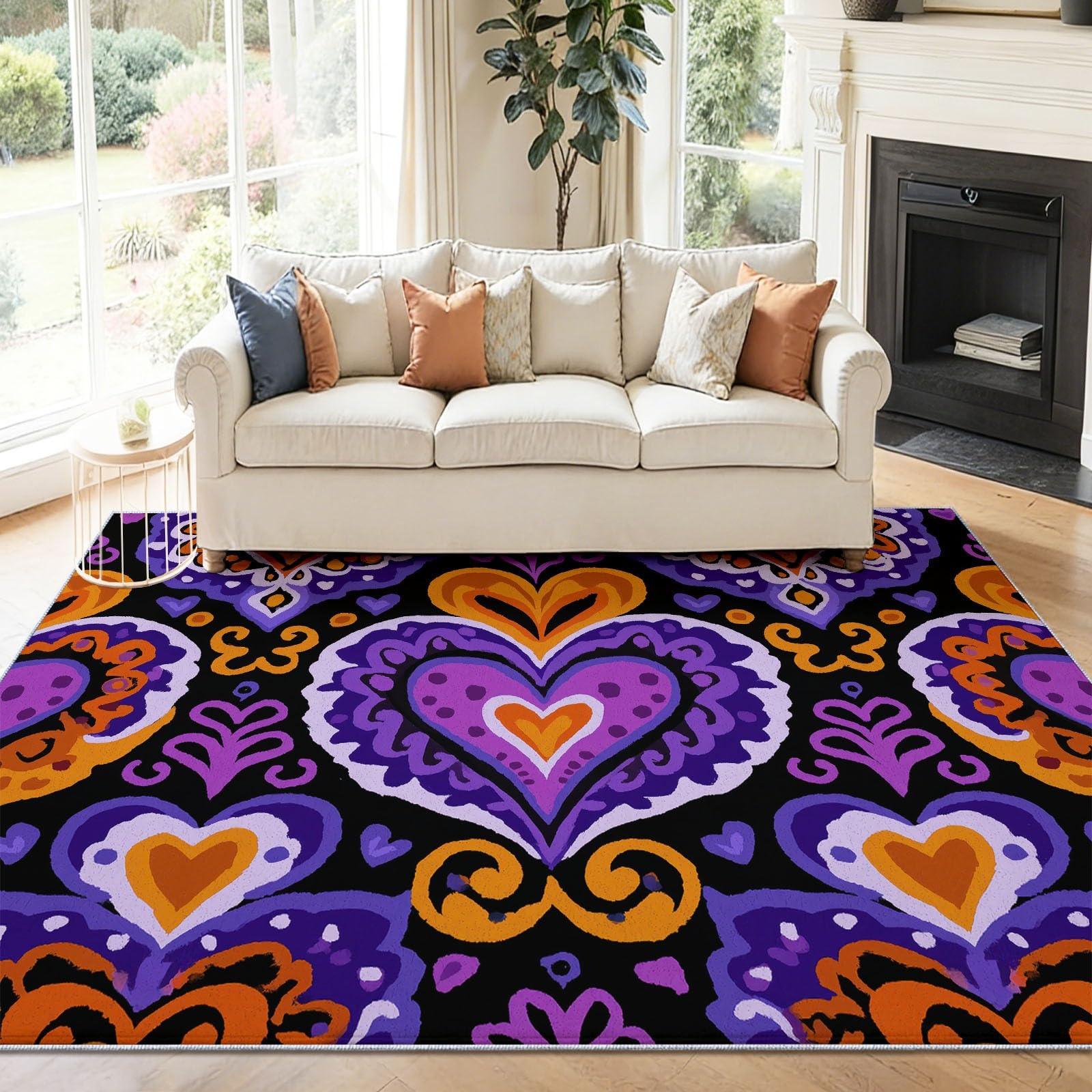 Abstrakt Ethnisch Teppich 120 x 170 cm Teppich Wohnzimmer Lila Herz Blumenmuster Kurzflor Waschbarer Teppiche Schlafzimmer Weich Wohnzimmerteppich rutschfest Teppiche für Kinderzimmer Esszimmer