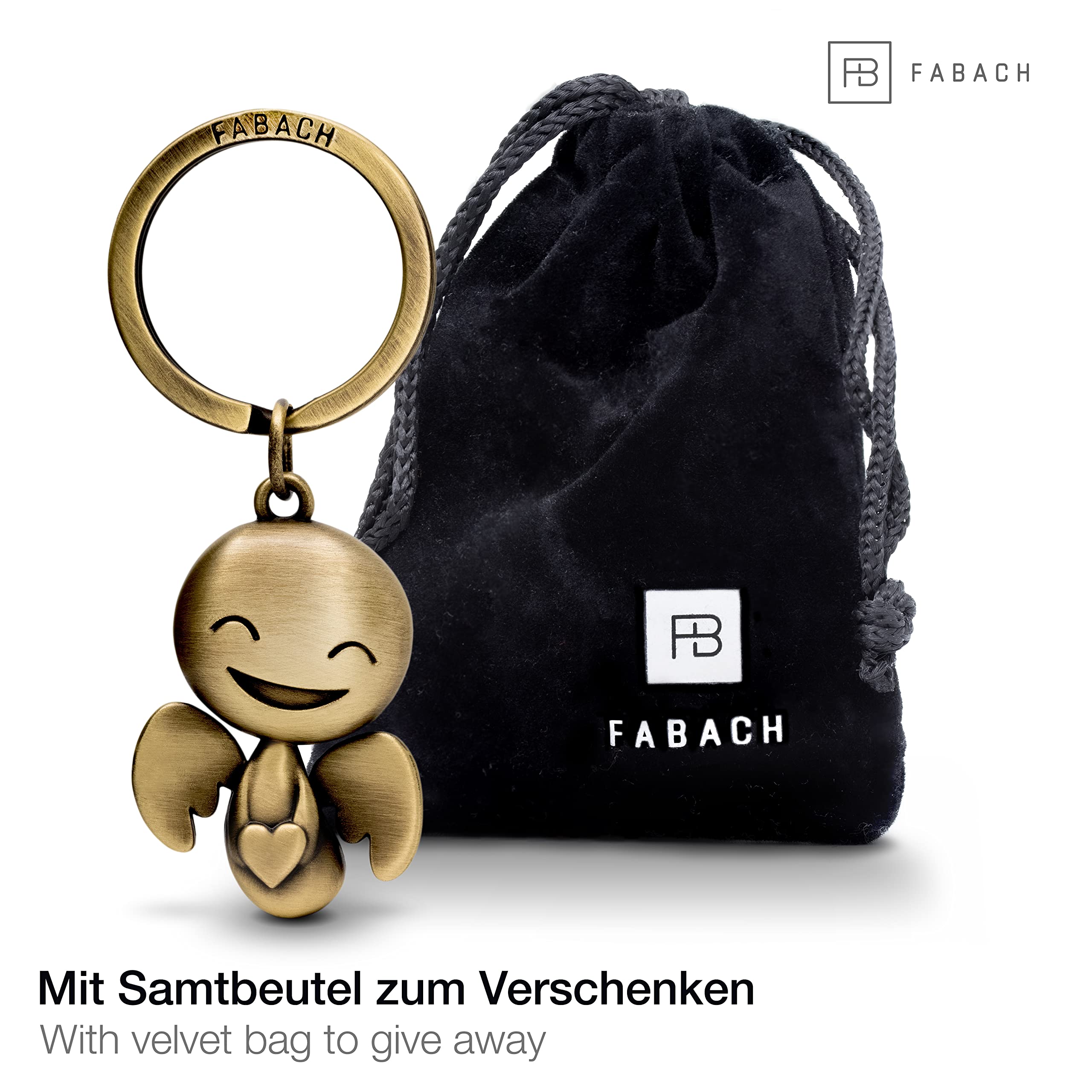 FABACH Breloczek do kluczy z aniołem stróżem Happy z sercem - uroczy anioł wisiorek z metalu - prezent talizman na szczęście samochód partner - jazda ostrożna