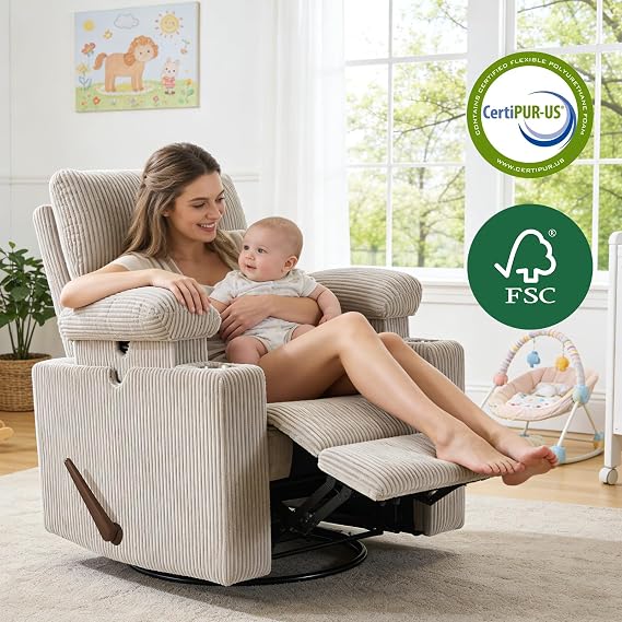 Swivel Rocker Recliner Chair with Adjustable Armrests and Headrest, Nursery Rocking Chair for Breastfeeding, Manual Glider Recliner, Corduroy, Grey