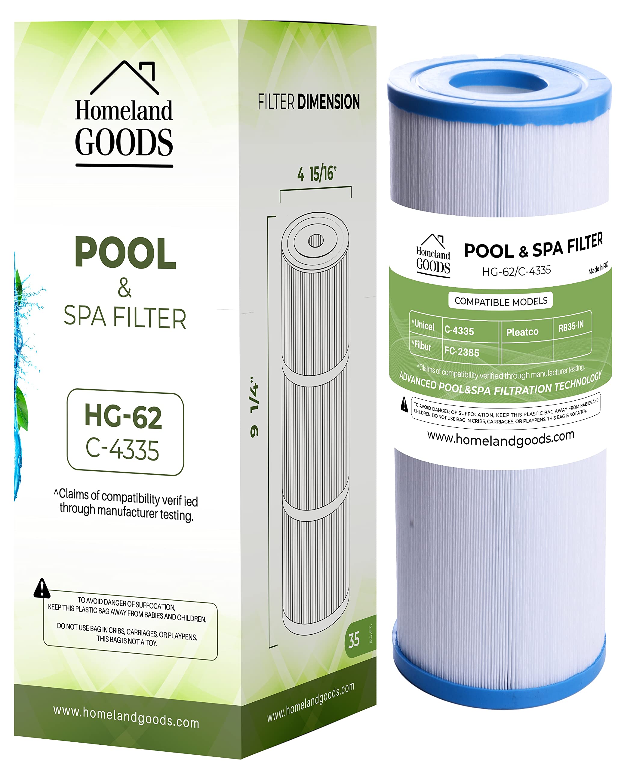 Homeland Goods PRB35-IN Spa Filter Replaces Unicel C-4335, Guardian 409-219, FC-2385, 03FIL1300, 17-2482, 25393, 303557, 817-3501, R173431, 35 sq.ft, 5 X 9 Drop in Hot Tub Filter Pack of (1)