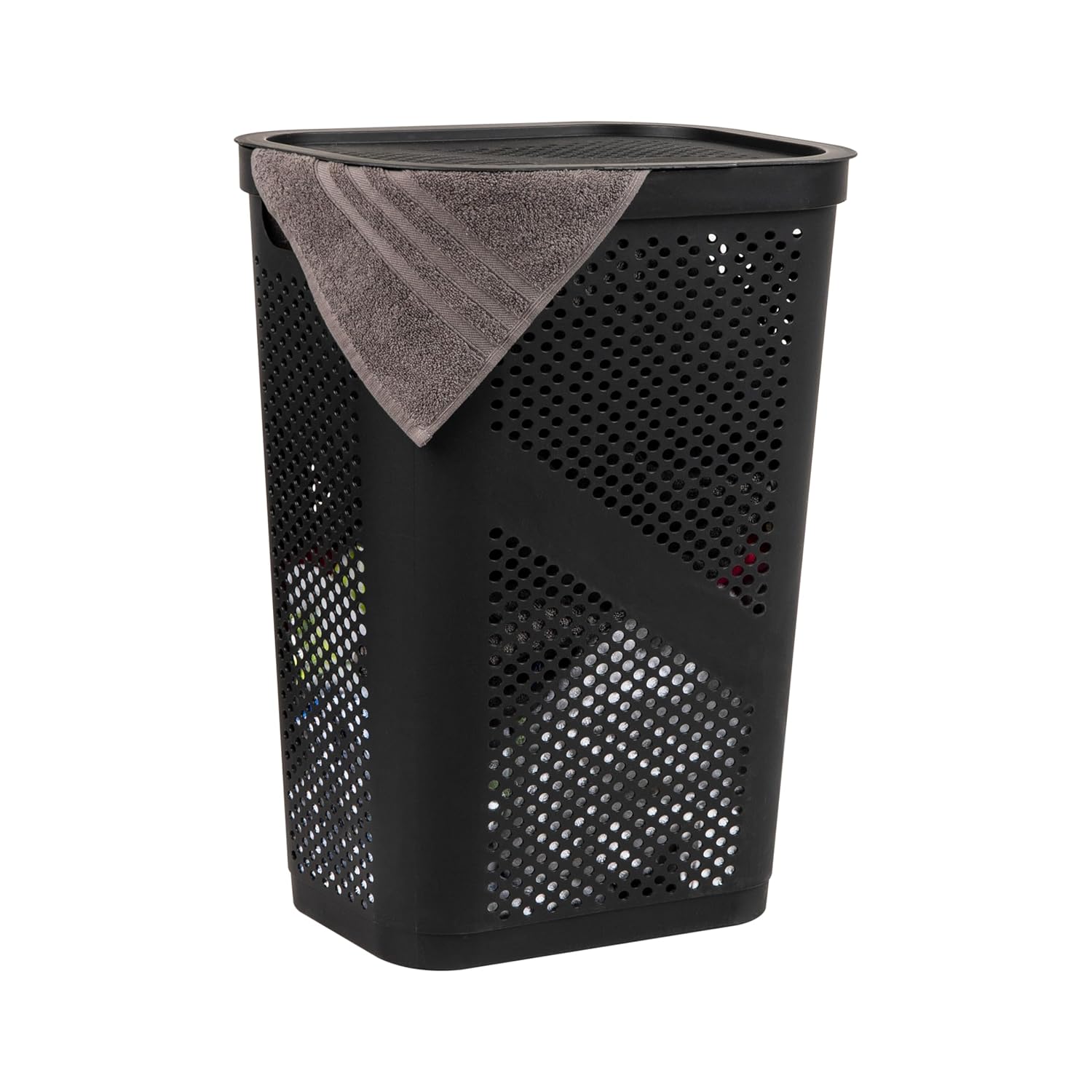 Mind Reader Slim Laundry Hamper with Lid, 60L Clothes Basket, Ventilated Plastic, Black
