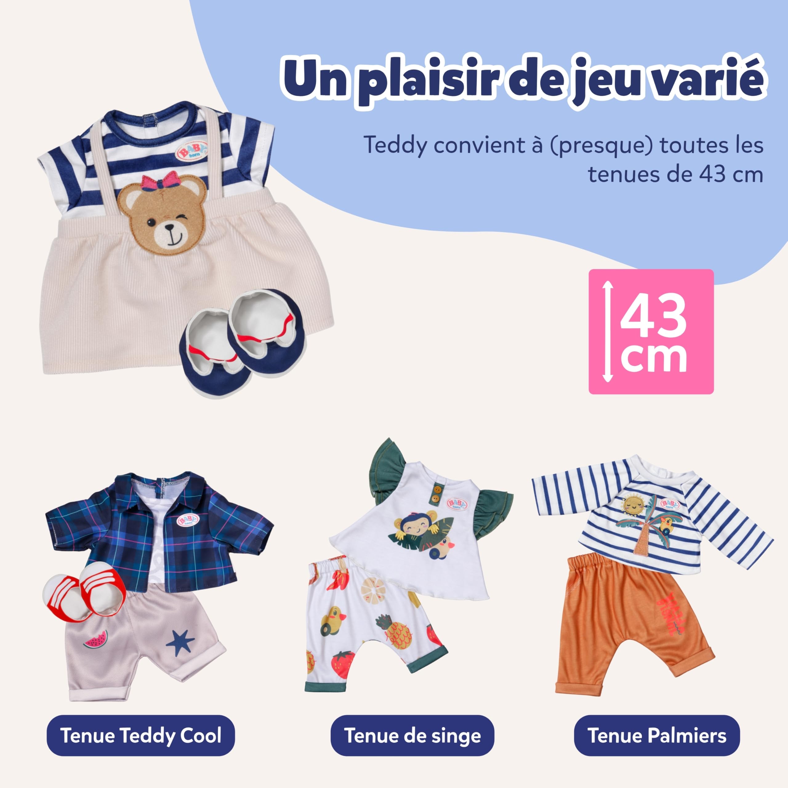 BABY born Ours en peluche avec bras et jambes mobiles - Avec barboteuse blanche et accessoires - À partir de 0 ans