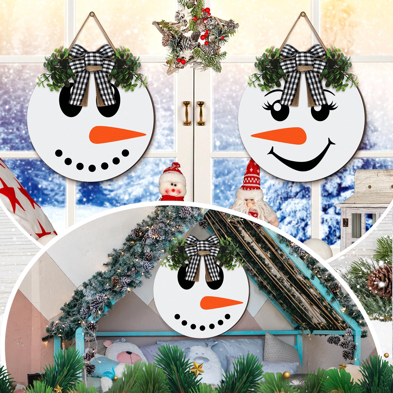 Colingmill 2 letreros colgantes de Navidad para puerta delantera, coronas de Navidad con lazo, corona redonda de madera, guirnalda colgante rústica para granja, pared, porche, decoración interior y