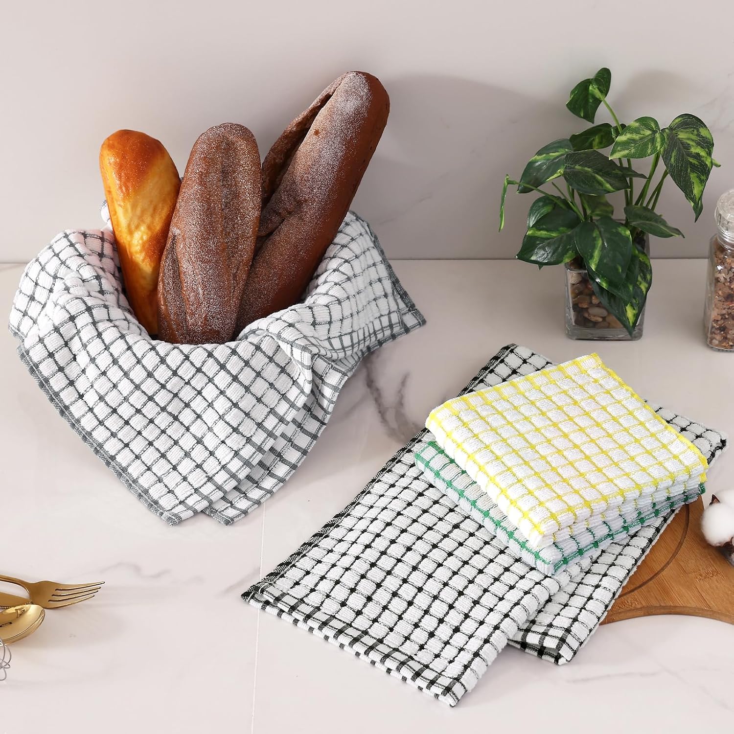 Homaxy Kitchen Towels and Dishcloths Set, 16 x 25 and 12 x 12 Inches, Set of 8 Cotton Terry Kitchen Dish Towels, Super Soft and Absorbent Dish Cloths, Black/Grey/Yellow/Green thumbnail