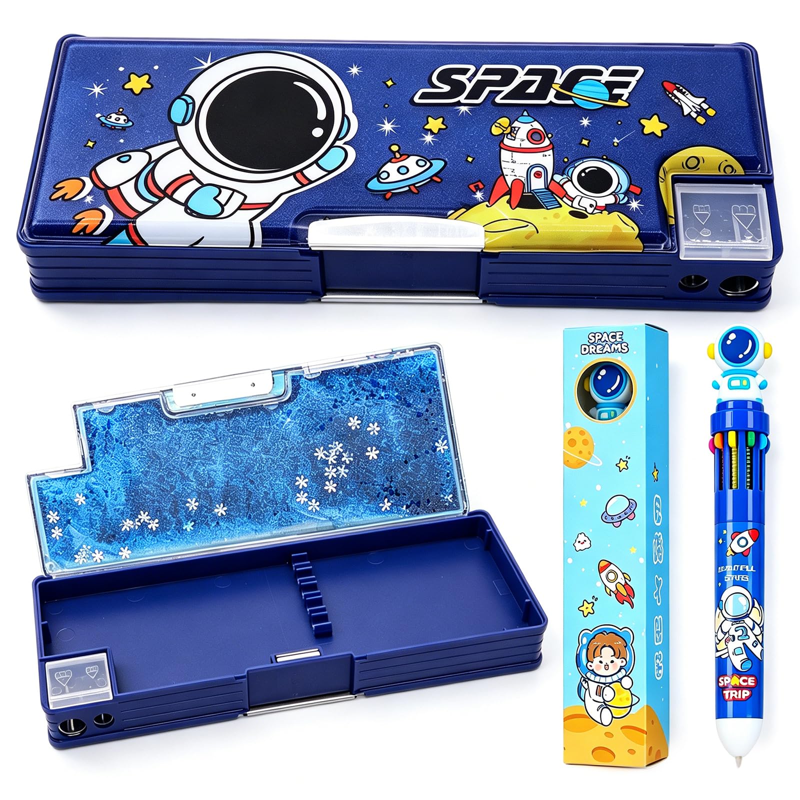 CYGMRFH Pop Up Pencil Case Multi-Functional Astronaut Ballpoint Pen Box with 10-Color Ballpoint Pen, Large Capacity Cute Space Stationery Organizer for School Office Gift for Kids Teens Girls Boys