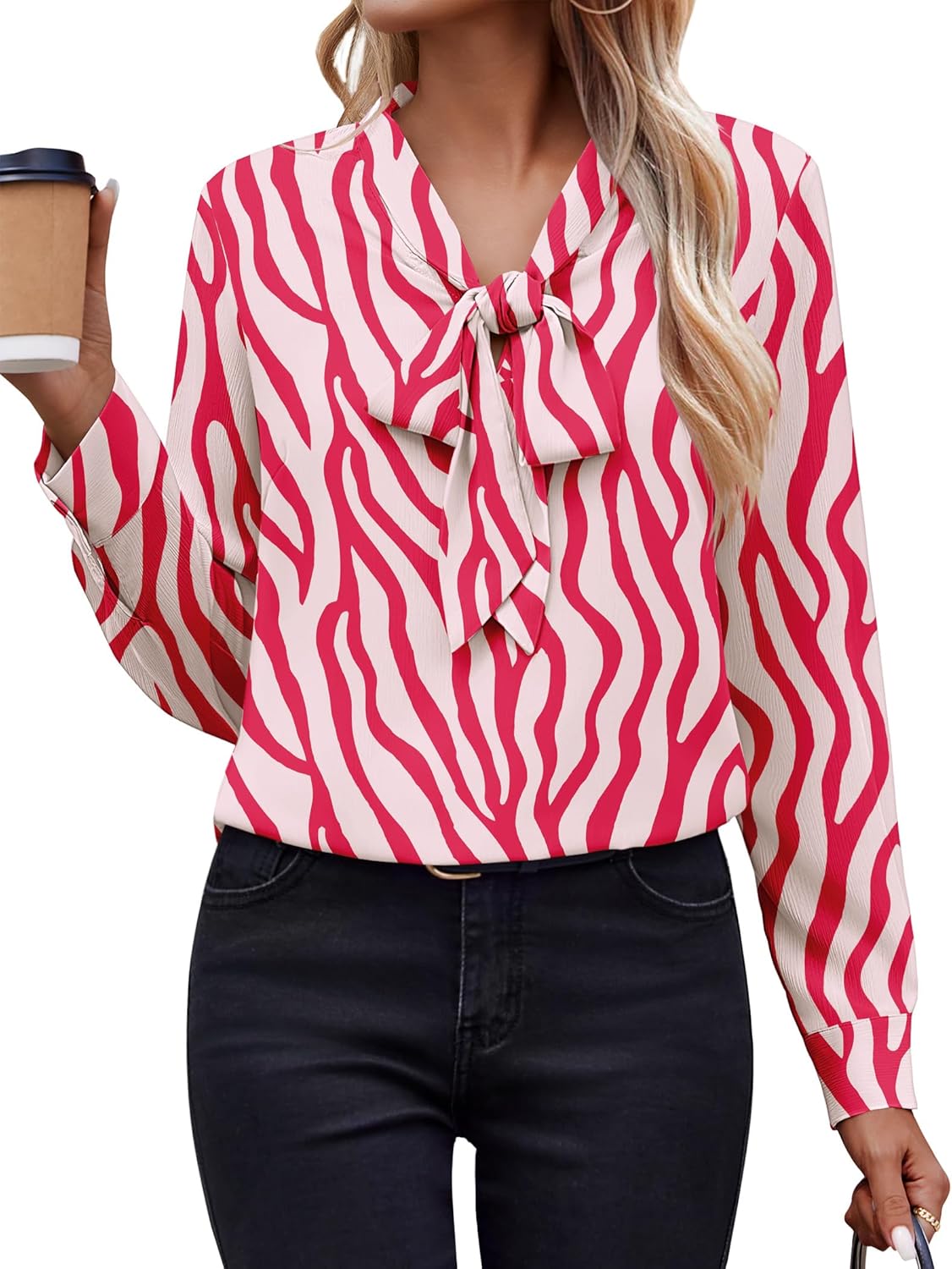Zeagoo Womens Blouses Chiffon Long Sleeve Shirts Bow Tie Neck Work Tops Business Casual Outfits