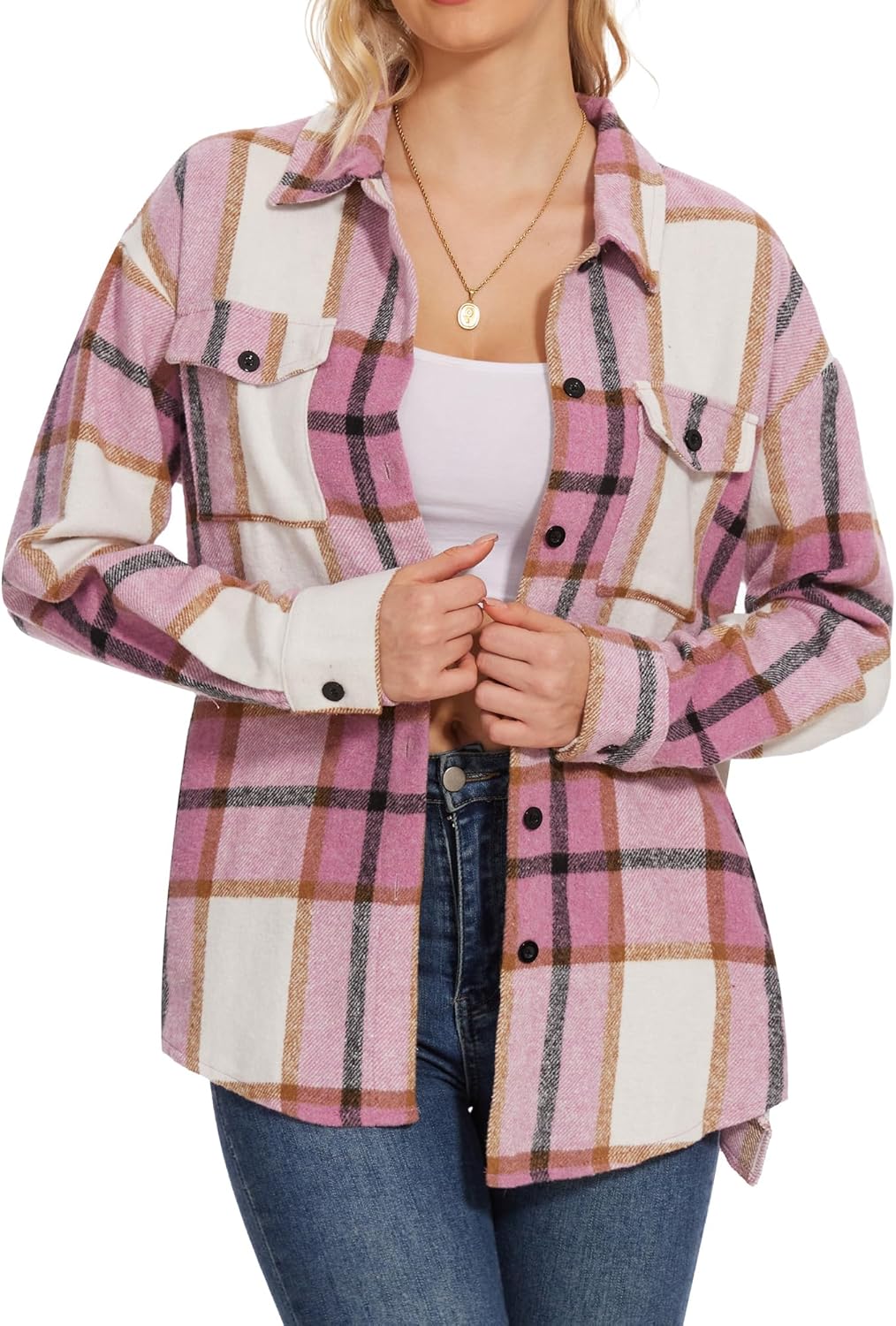 Moss Rose Womens Casual Plaid Shackets Button Down Long Sleeve Jacket Coats Shirts - Image 4