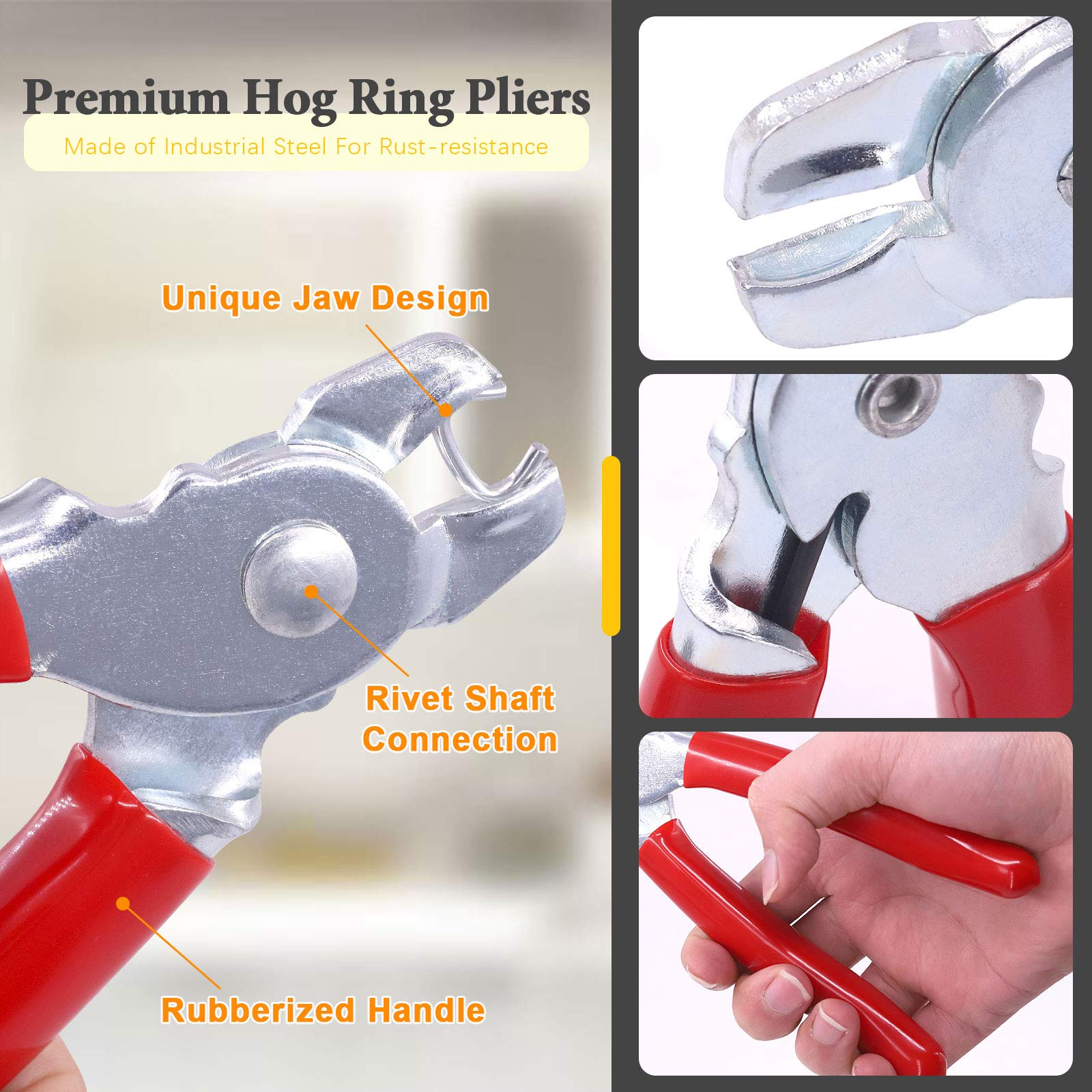 Rustark Straight Hog Ring Pliers Set including 360 Pcs Galvanized Hog Rings, 3/8", 3/4" - Image 4
