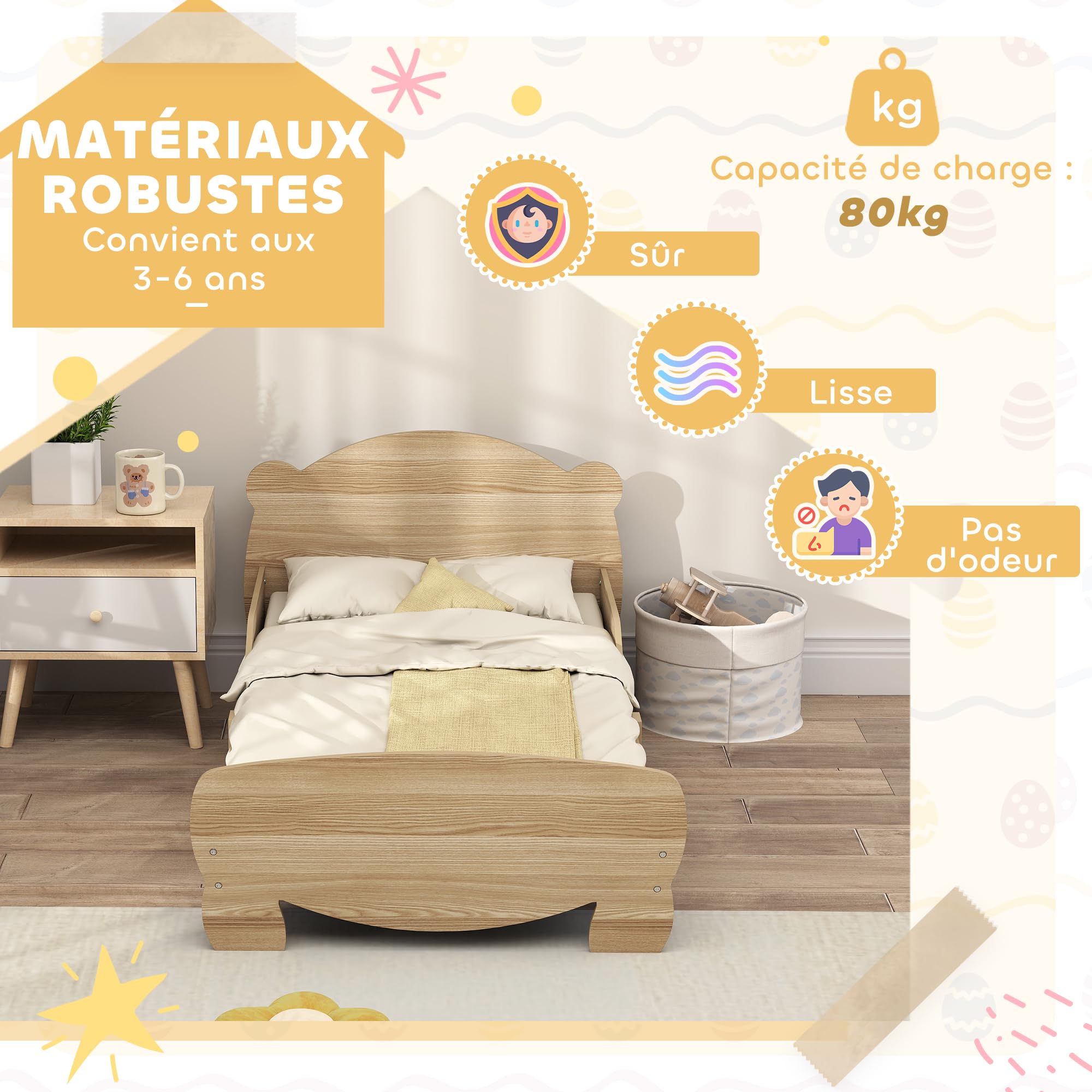 AIYAPLAY Kinderbett 70x140cm für Jungen und Mädchen 3-6 Jahre Naturholz | Kinderbett mit Sicherheitsbarriere, Lattenrost, Bären-Dekor
