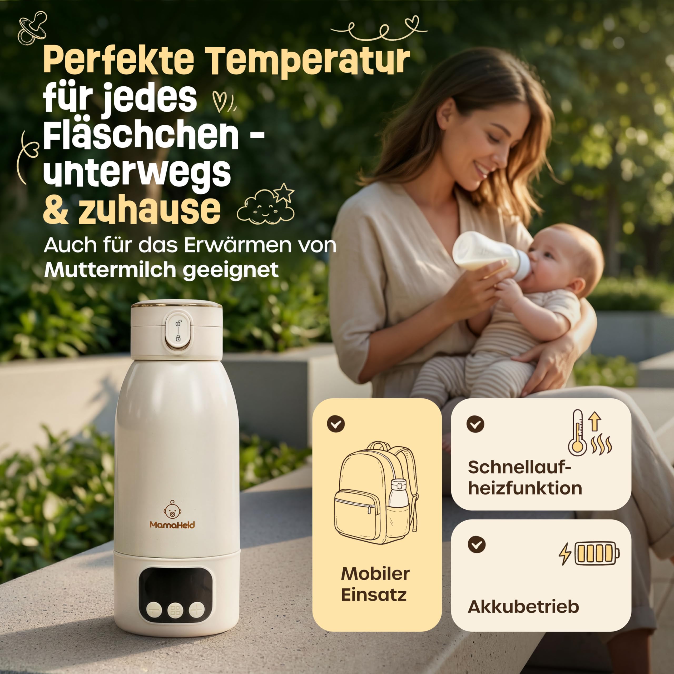 Tragbarer Babyflaschenwärmer für unterwegs – Schnelles Aufheizen in 2 Min | 500ml Kapazität | Für Muttermilch & Wasser | BPA-frei | Mehrfach nutzbar pro Tag | inkl. Bürste & Mama Ratgeber